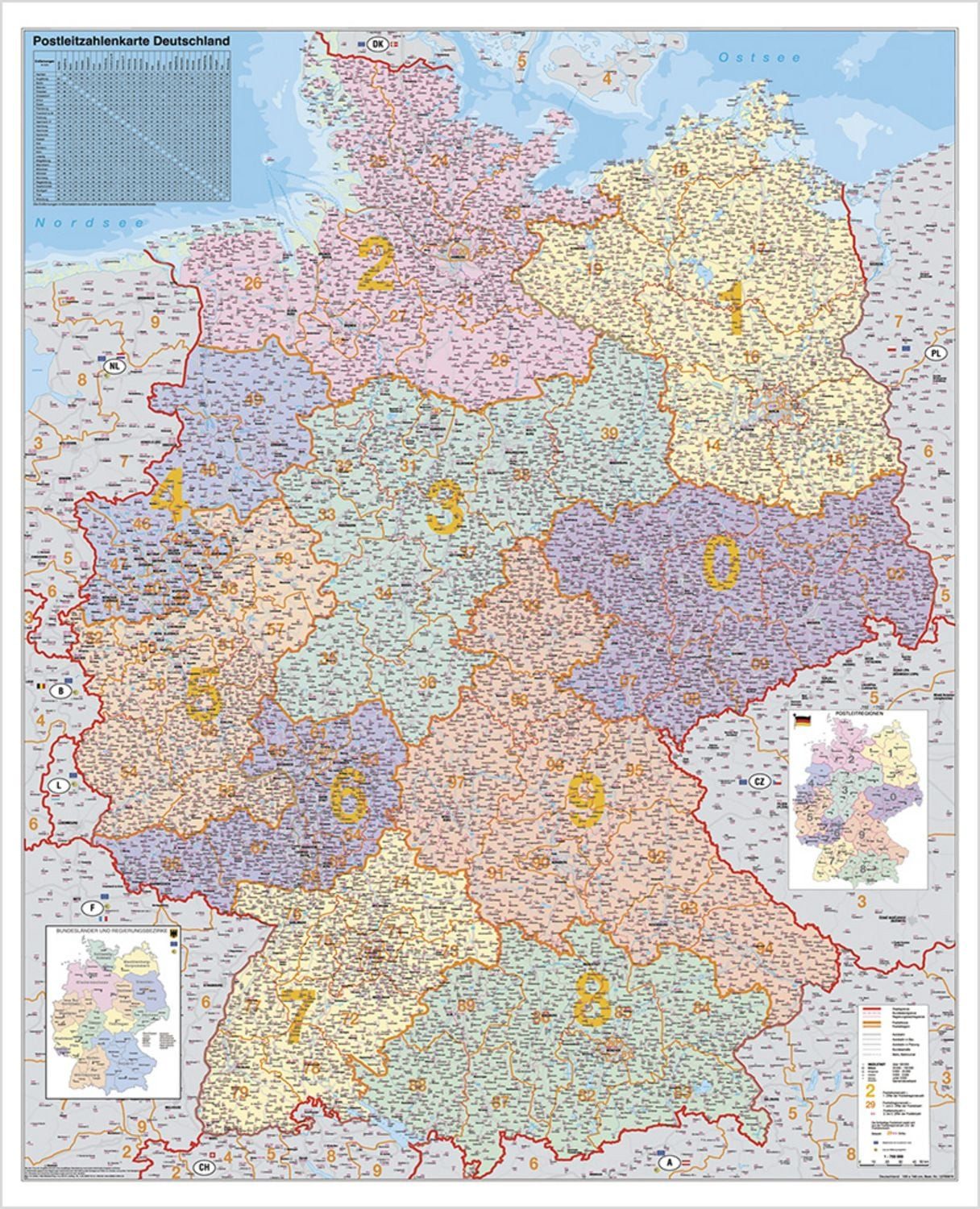 Deutschland Postleitzahlenkarte 1 : 750 000. Wandkarte Grossformat ohn / Heinrich Stiefel