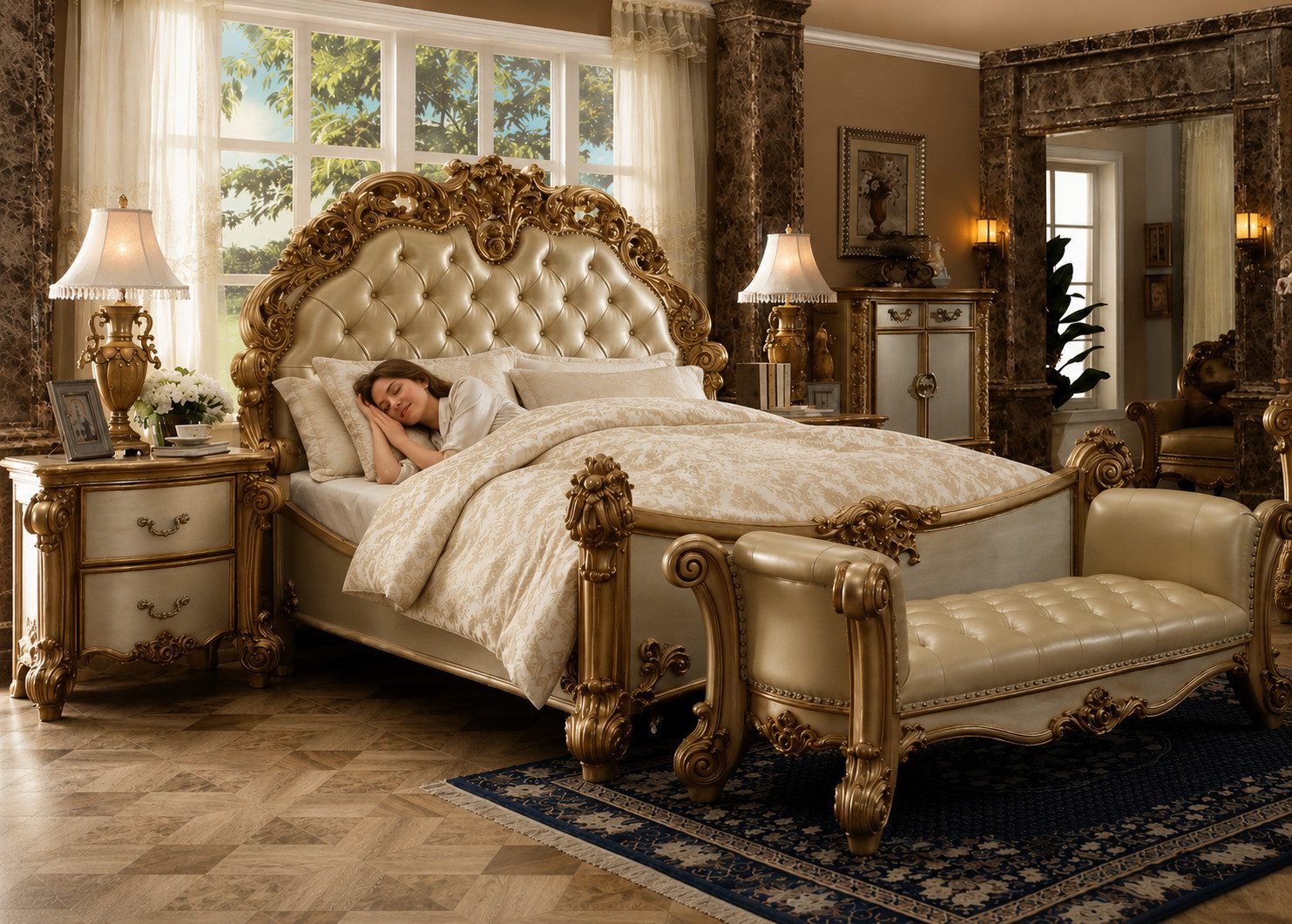 JVmoebel Jugendzimmer-Set Barock Schlafzimmer-Set Luxus mit Bett und Nachttischen