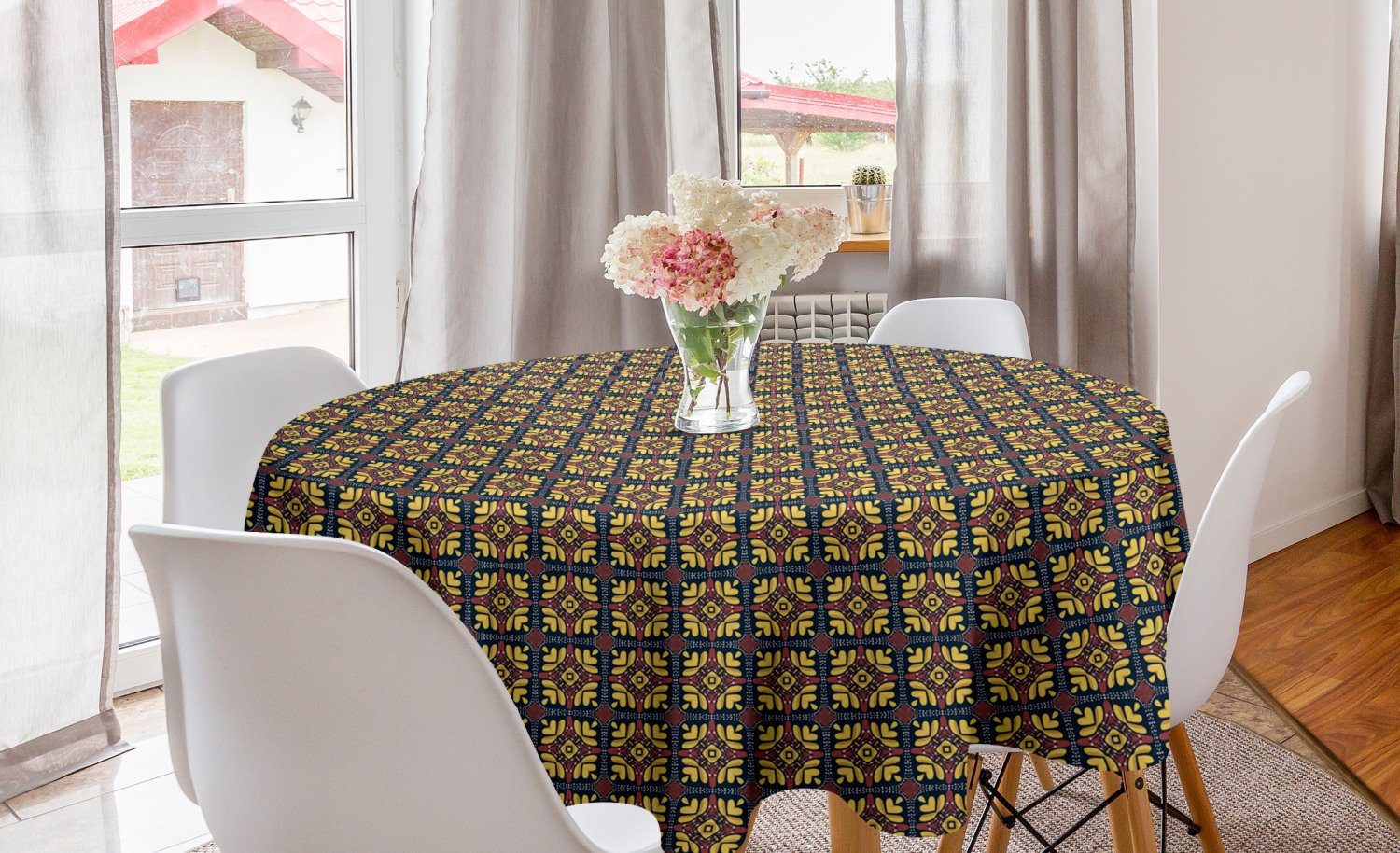 Abakuhaus Tischdecke Kreis Tischdecke für Esszimmer Abdeckung Checkered Küche Blumen Dekoration, Retro