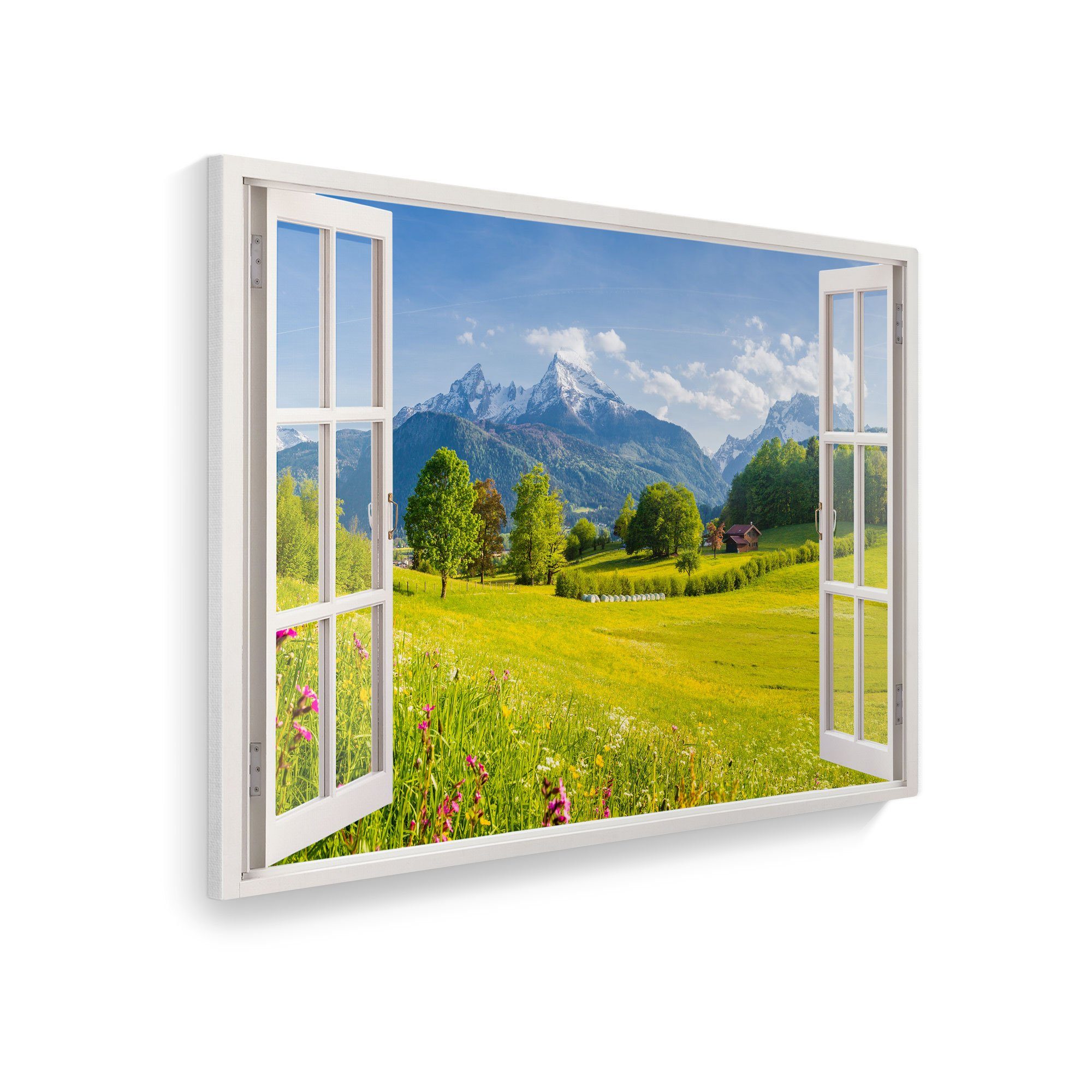 WallSpirit Leinwandbild "Fenster mit Aussicht", Alpenblick, Leinwandbild geeignet für alle Wohnbereiche