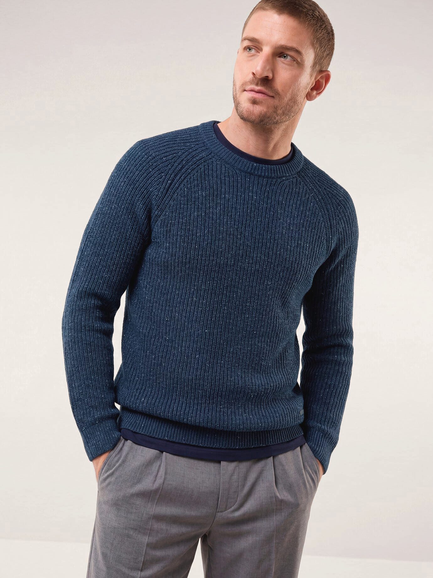 Walbusch Rundhalspullover Herren Rundhalspullover in Tweed Optik, wärmend