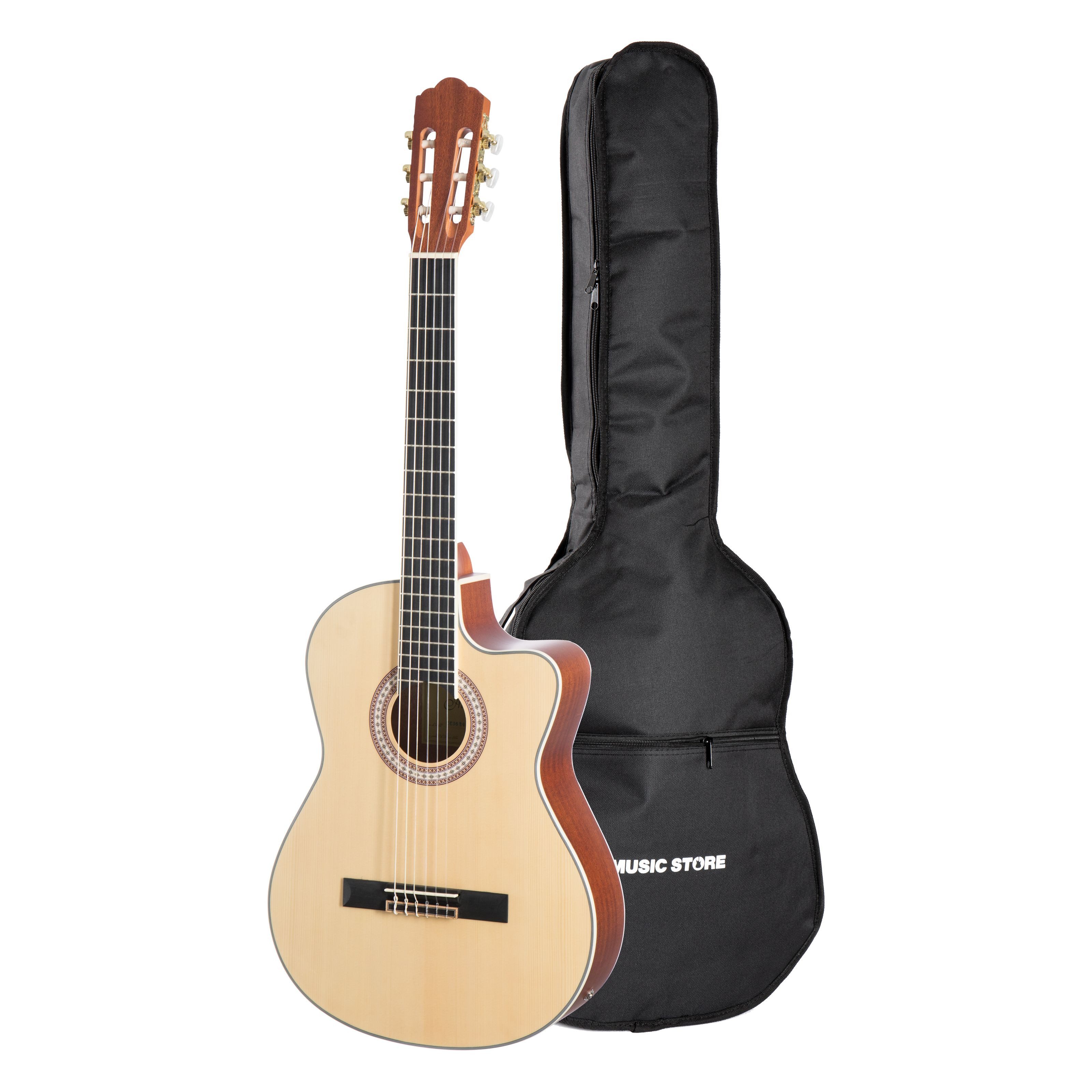 Almeria Konzertgitarre, Konzertgitarren Set 4/4 Größe Fichte Decke Sapele Boden und Zargen Cutaway 6-lagiges Binding Tonabnehmersystem Natural Finish inklusive Gigbag, Konzertgitarren, Konzertgitarren-Sets, CC 36 EQ Set 1 - Konzertgitarren Set