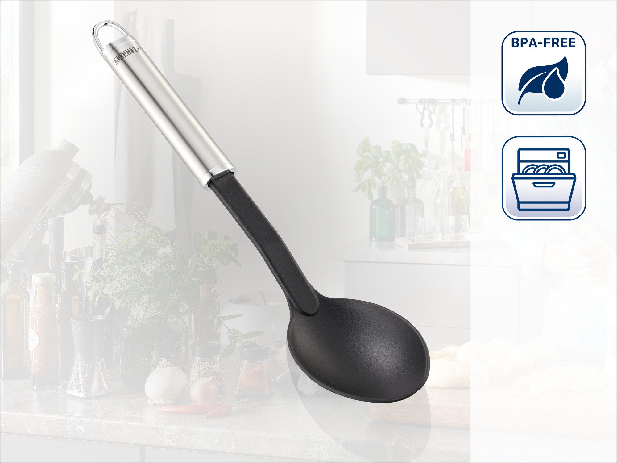 Leifheit Servierlöffel Gemüselöffel Nylon, Edelstahl, hitzebeständiges Nylon bis 160°C, Aufhängeöse