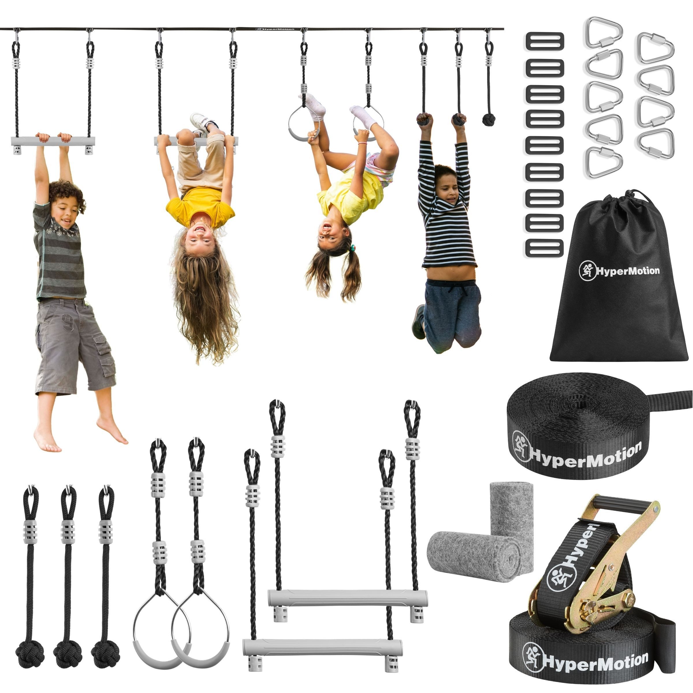 HyperMotion Slackline Ninja Slackline-Set für Kinder – Mit 7 Hindernissen & Tasche