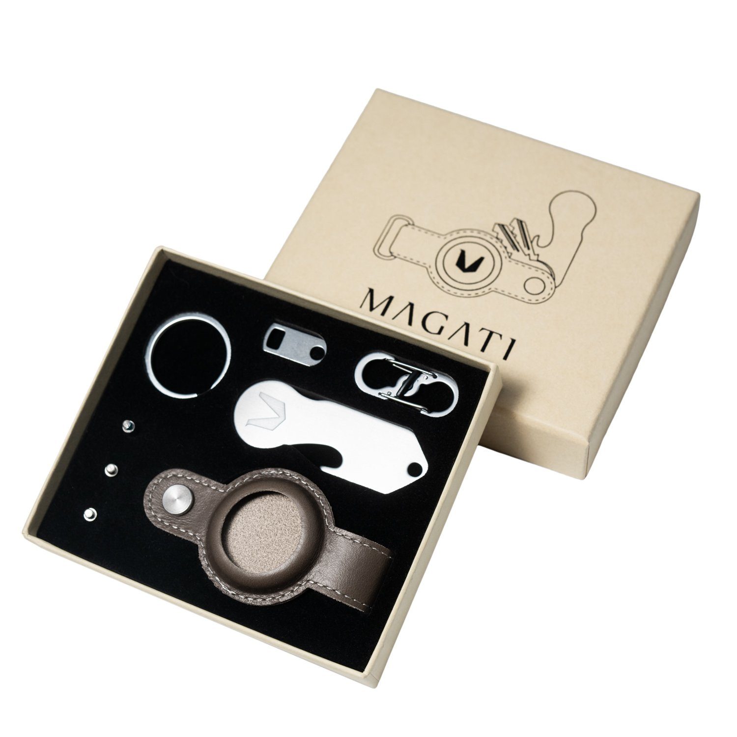 & für (kompatibel MAGATI Tracker), Mokka Einkaufswagenlöser Apple inkl. Airgonizer 1-7 Schlüsseltasche Schlüsseletui Schlüsselfundservice mit Airtag aus Echtleder Schlüssel