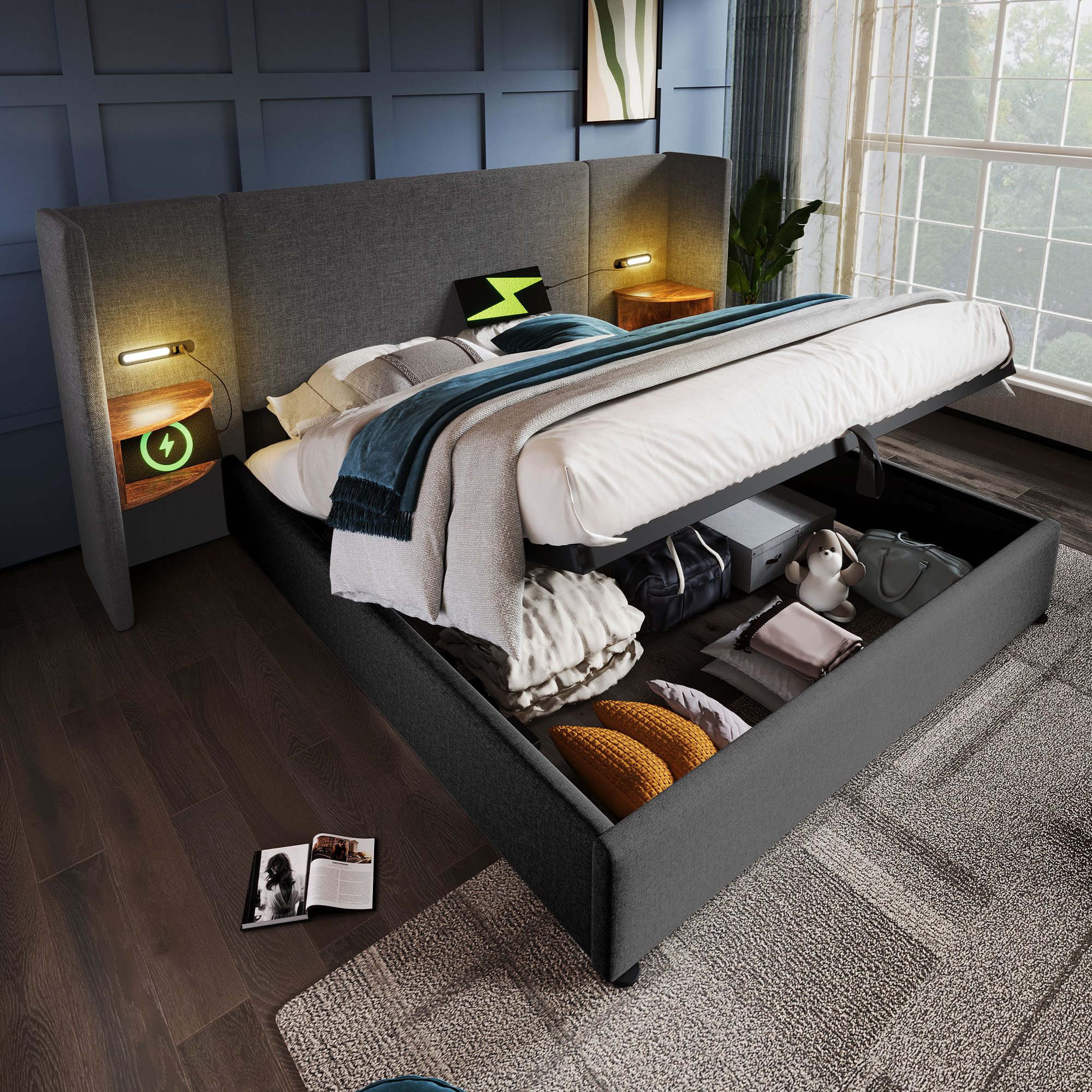 TavilaEcon Boxspringbett mit integriertem Nachttisch, Leselampe und USB/Type-C-Ladefunktion