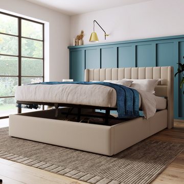 OKWISH Polsterbett Stauraumbett Doppelbett (140x200cm Grau Leinen ohne Matratze), Bett mit Lattenrost aus Metallrahmen, Lattenrost aus Holz