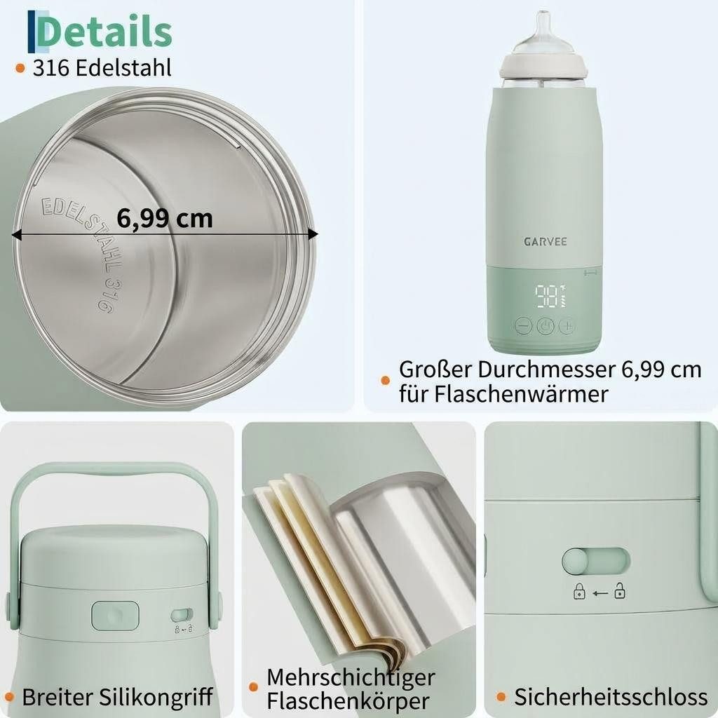 GarveeMore Babyflaschenwärmer Tragbarer Flaschenwärmer mit LED-Display, 500ml
