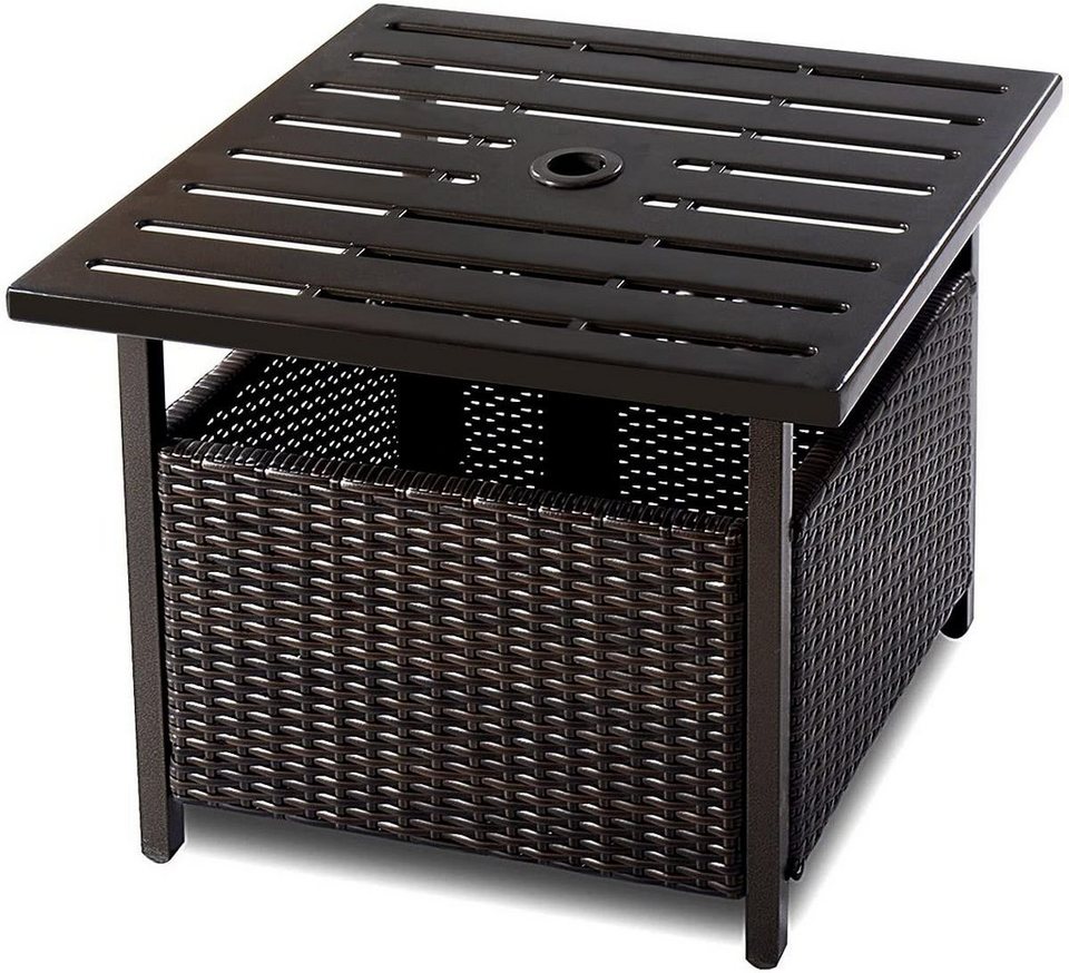 COSTWAY Gartentisch, Rattan, mit Schirmloch, 55, 5 x 55, 5 x 46cm