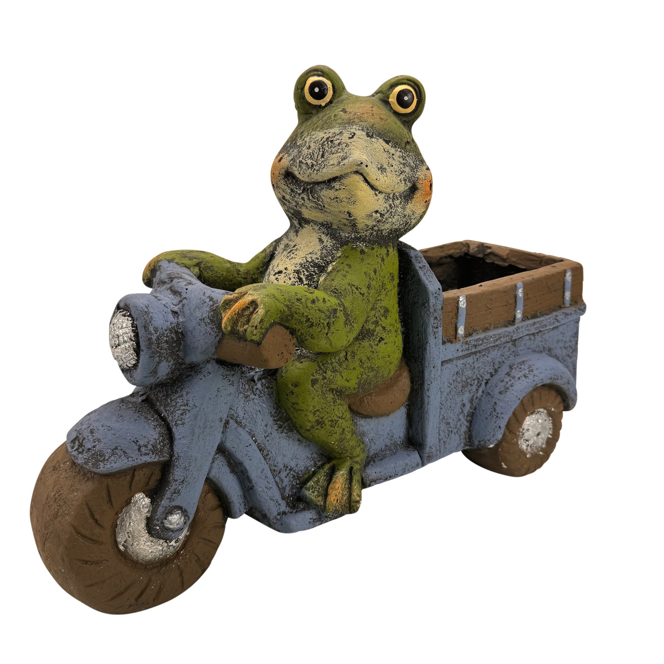 Gartenfigur Frosch mit Motorrad und Blumentopf für draußen geeignet - Deko