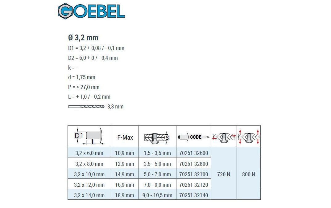7025132800, Blindniete / Senkkopf Blindniete mm, - Aluminium Edelstahl V2A STANDARD St., - - 3,2 GmbH Popniete), (1000x / A2 Niete x GOEBEL 1000 8,0