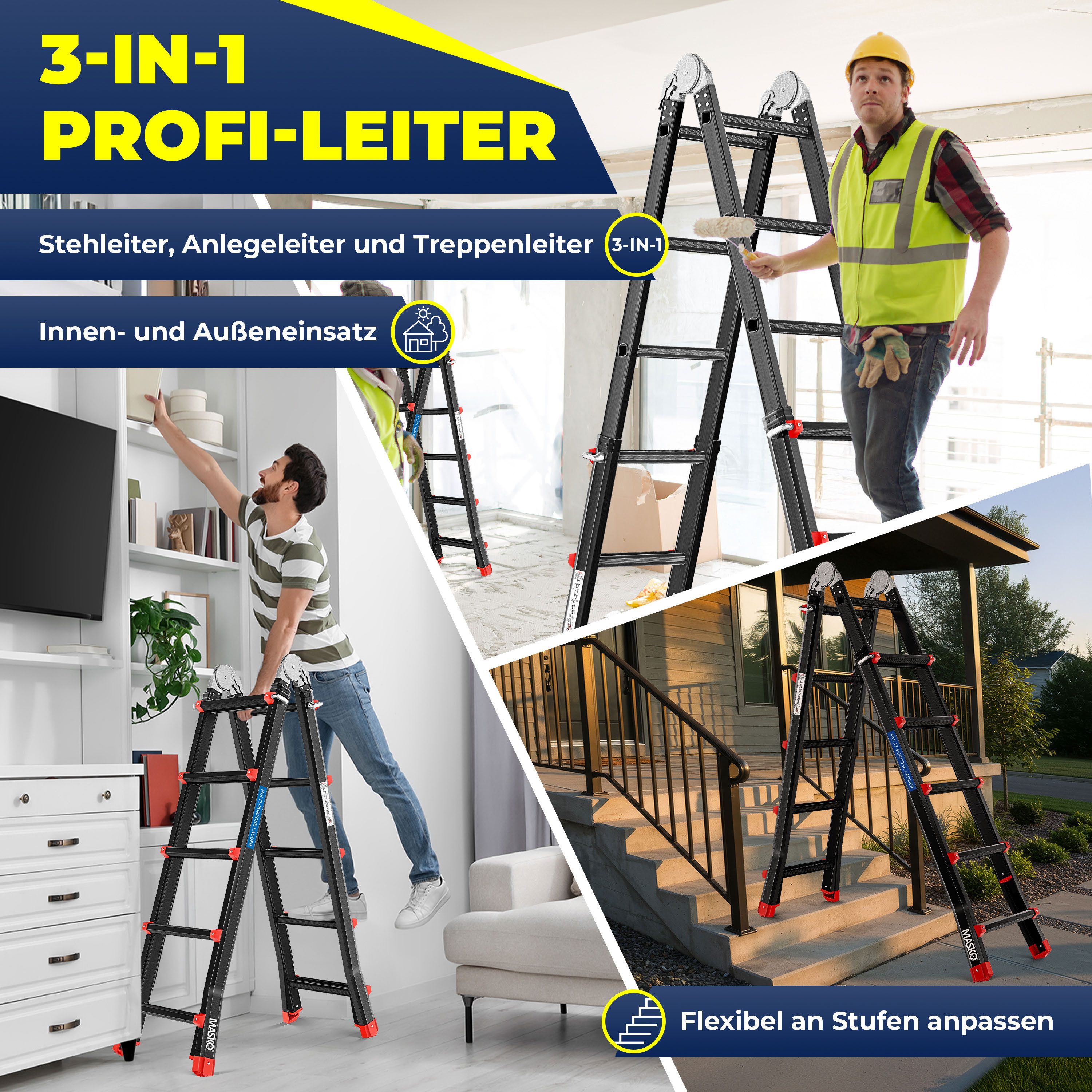 MASKO Vielzweckleiter Aluminium 6in1 Mehrzweckleiter – 20 Sprossen - 520 cm 150 Kg, (ausziehbar, Rutschfest, Multifunktional, Gelenkleiter, Anlegeleiter), Klappleiter, beidseitige Steh- und Treppenleiter Schwarz