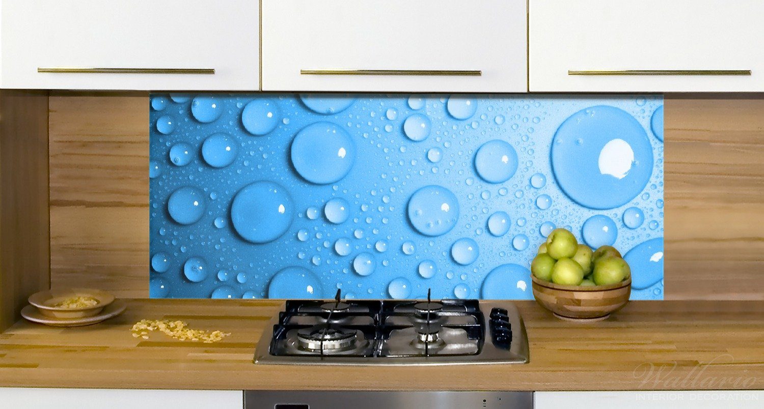 Blau, Wallario Küchenrückwand (1-tlg) auf Wassertropfen