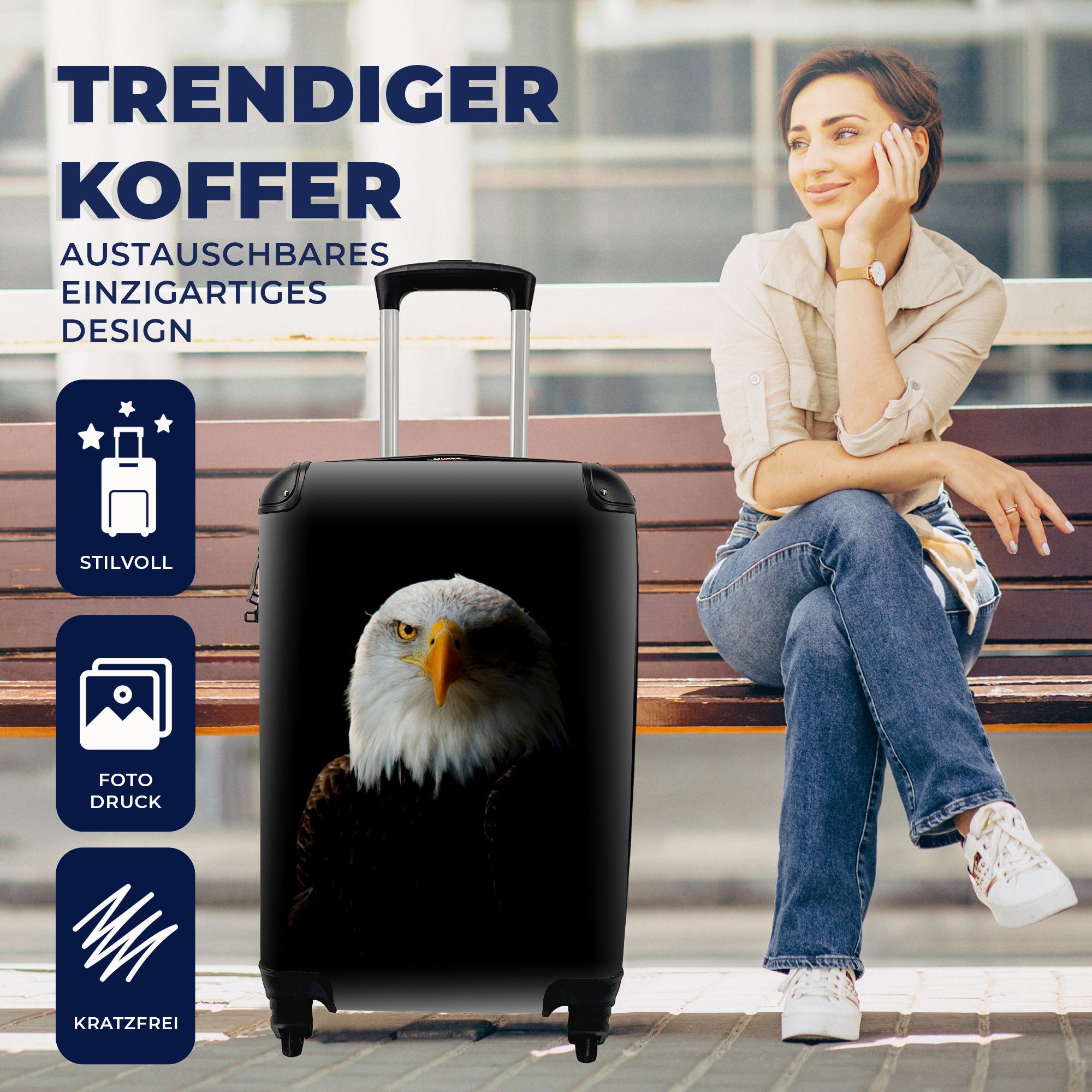 Reisetasche mit Ferien, rollen, Adler Rollen, Trolley, Vogel Handgepäck Reisekoffer MuchoWow 4 - Schwarz, Handgepäckkoffer - für