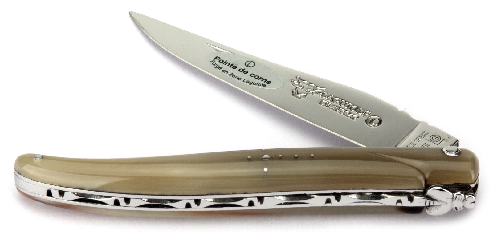 Laguiole en Aubrac Taschenmesser L0512PCIF, Griff 12cm Hornspitze - Verzierte Feder - Stahl glänzend