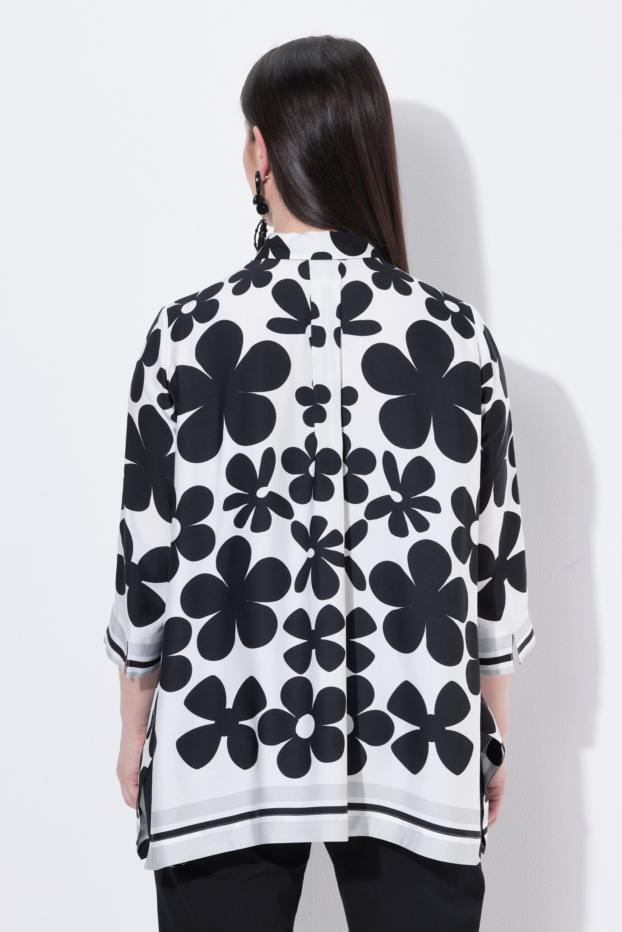Ulla Popken Hemdbluse Satinbluse Blüten Oversized Hemdkragen 3/4-Arm