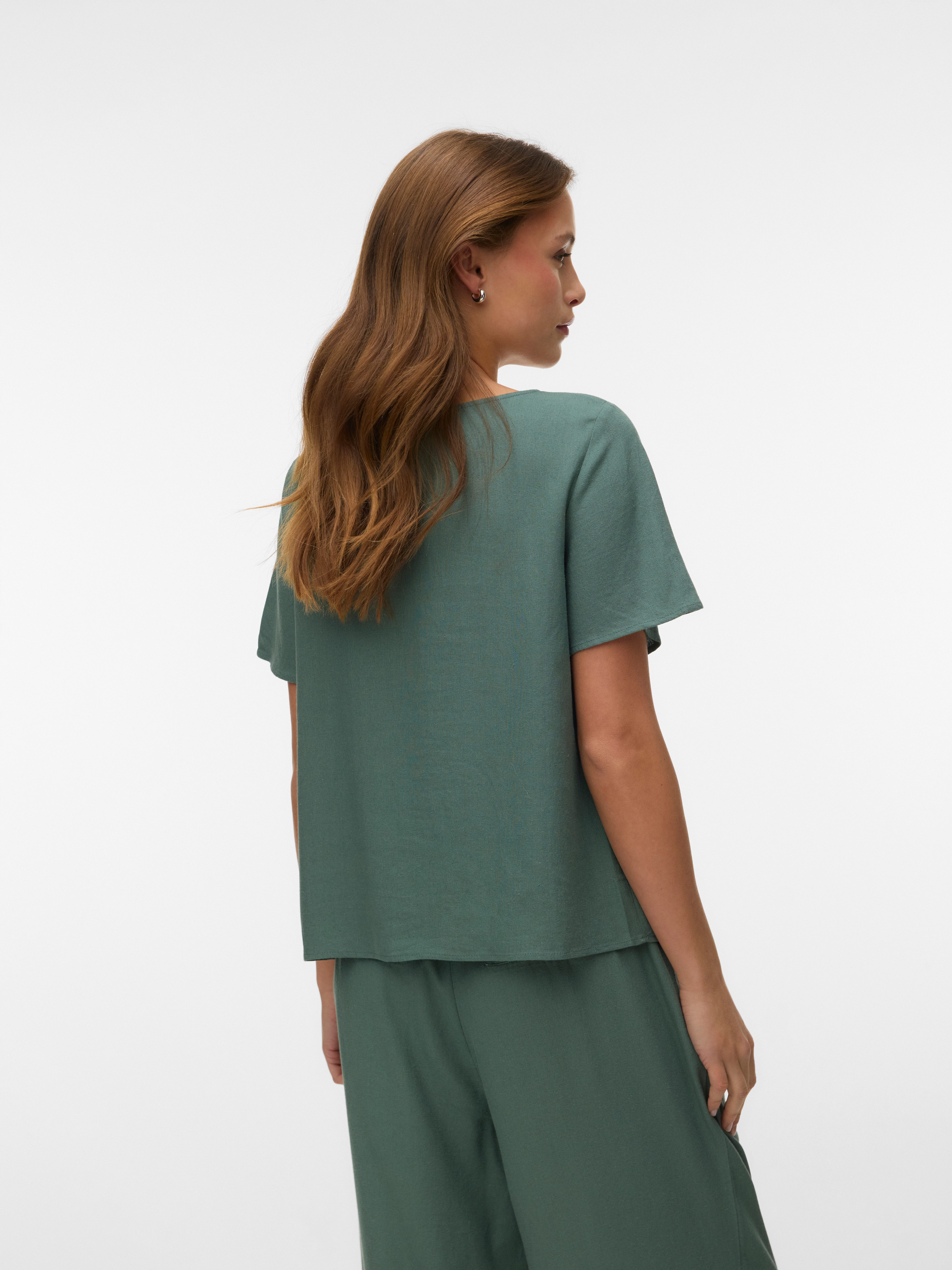Vero Moda Blusenshirt VMMYMILO SS O-NECK TOP WVN GA mit Leinen