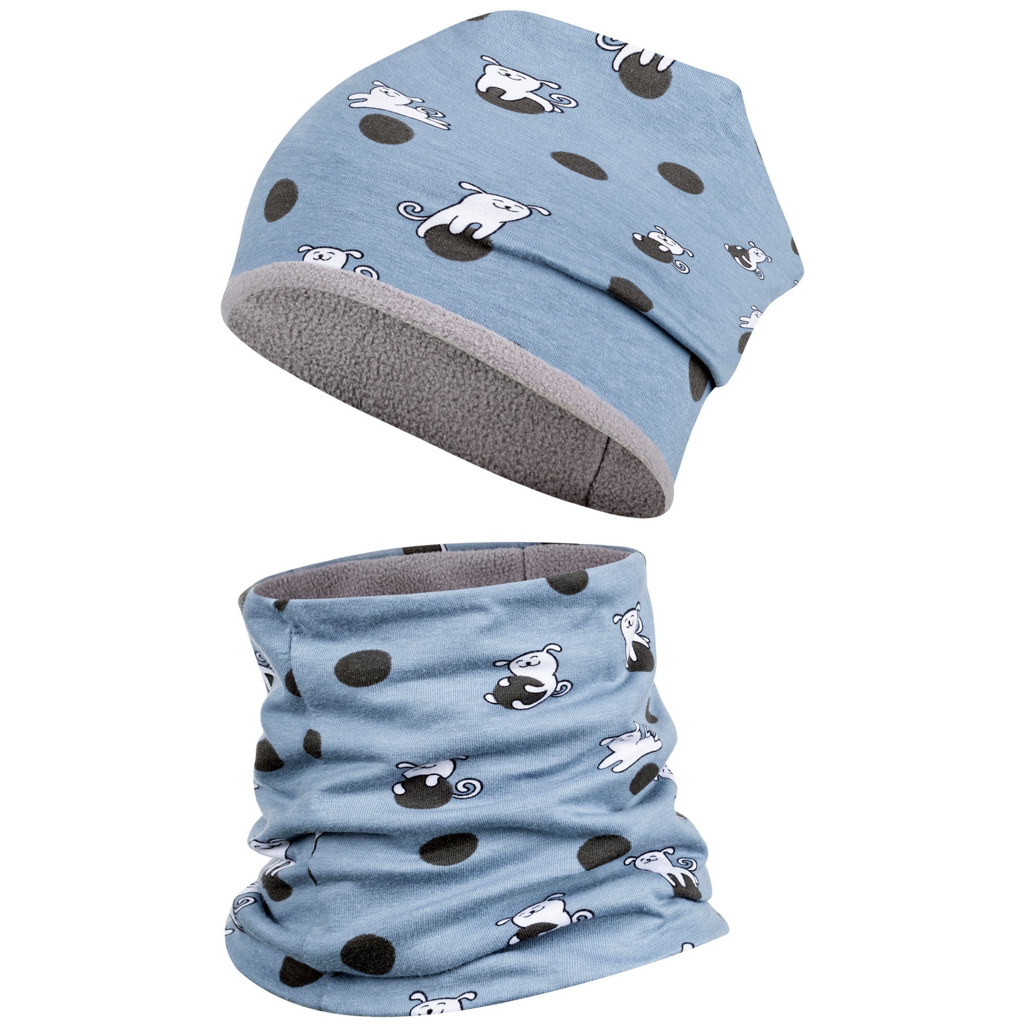 F.P.H. Maja Mütze & Schal Wintermütze Babymütze Beanie Blau Hunde