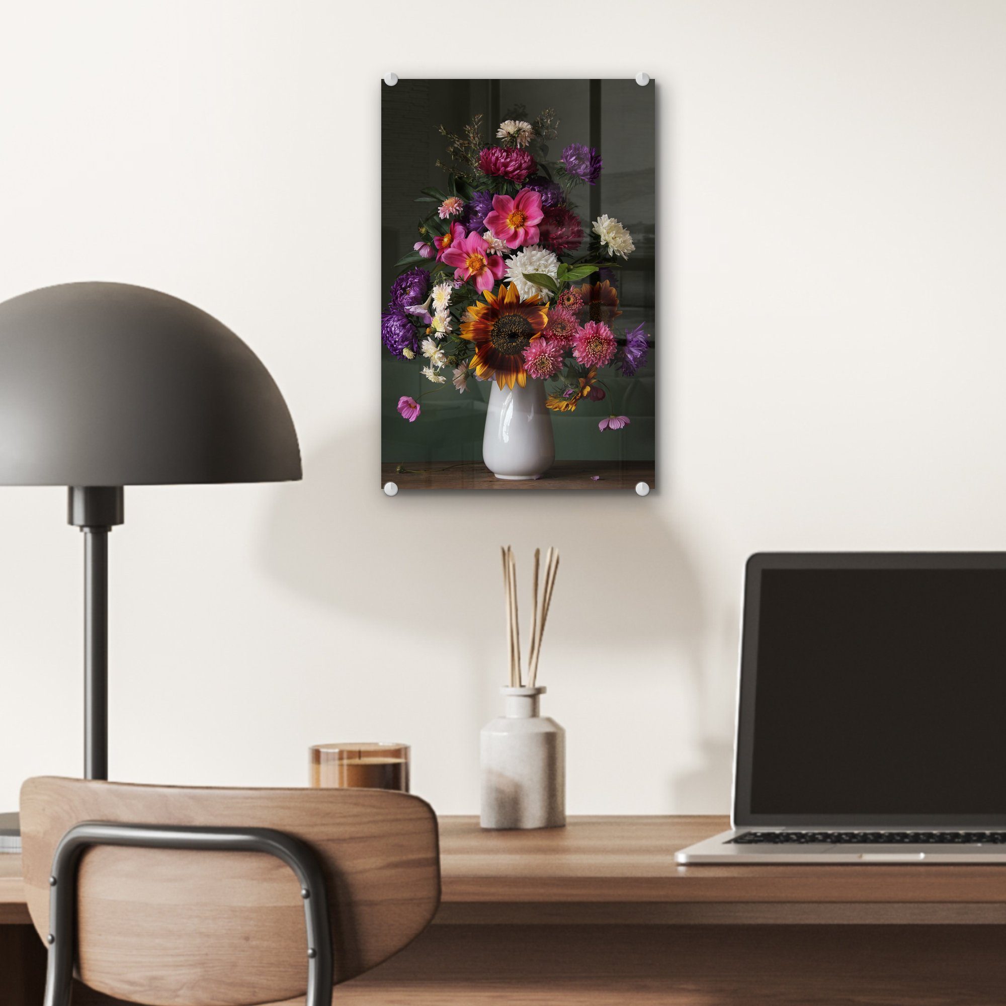 Foto - Wandbild - MuchoWow - Farbe, auf (1 Wanddekoration Glas Acrylglasbild Glas Blumen auf Stillleben - Glasbilder St), - Bilder