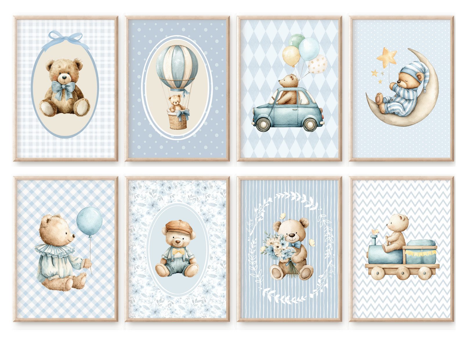 homestyle-accessoires Wandbild Kinderzimmer Bilderwand 8erSet Bilderset Babyzimmer TEDDYBÄR AUTO, Hochformat, Künstlerpapier, ohne Rahmen