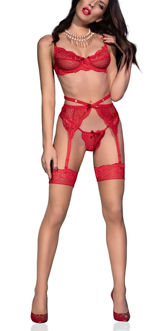 Set: Dekolleté-BH Damen Dessous Straps Set in rot mit BH, Strümpfen, String und Strapsgü
