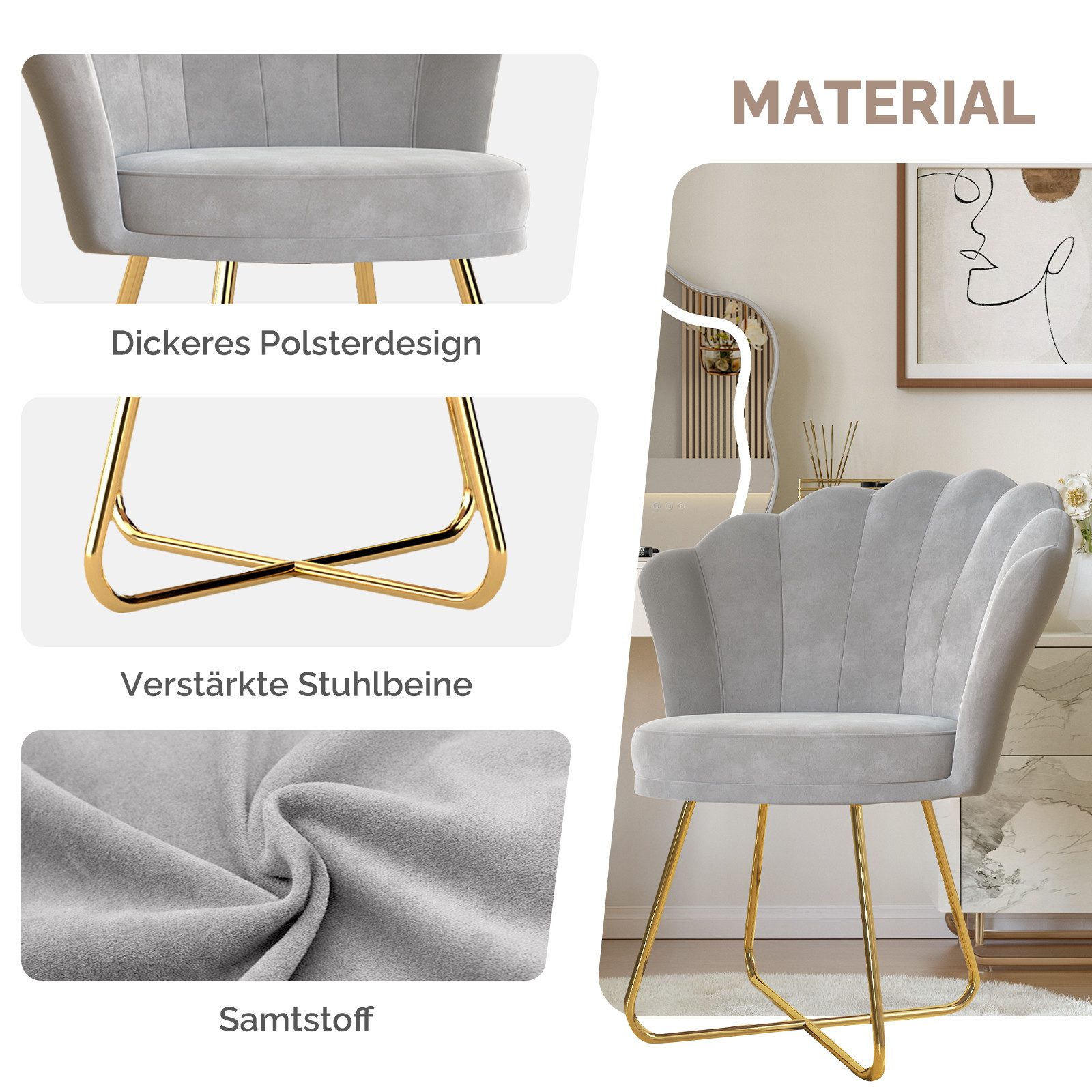 HawthyHome Polsterstuhl Polstersessel mit Blütenblatt-Rückenlehne & Goldene Metallbeine (2 St), ideal für Esszimmer & Schminktisch – Bild 5 von 5