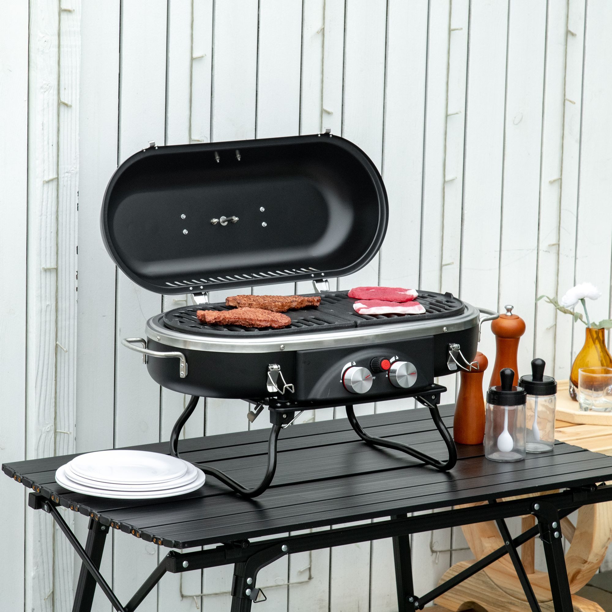 Outsunny Gasgrill inkl 2 Edelstahl-Brenner, Druckminderer, Gasschlauch, Deckel, klappbar BBQ Gartengrill, 2,34 KW Camping-Grill, für Balkon, 66 x 34,5 x 37 cm