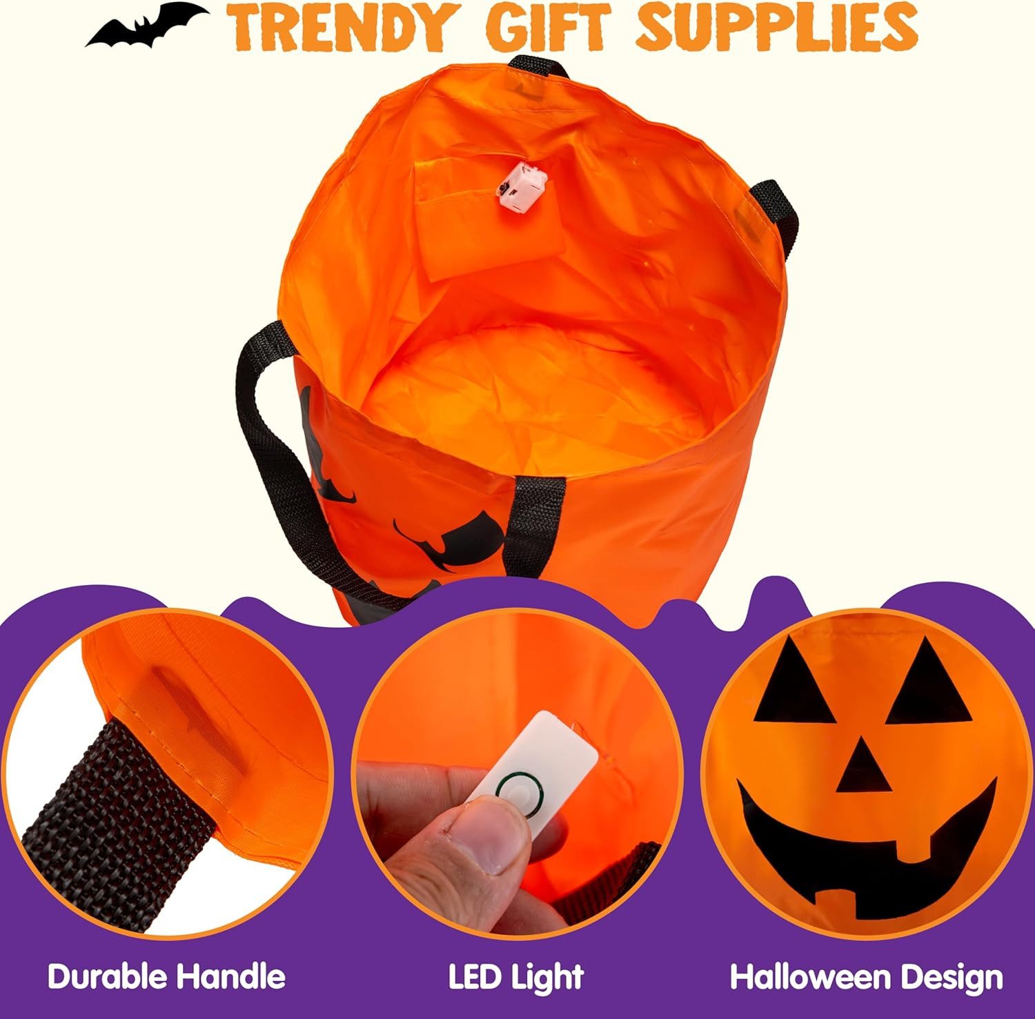 JOYIN Geschenk-Tragetasche JOYIN 2 Halloween Süßigkeiten-Tüten mit LED, orange wiederverwendbar – Bild 3 von 5