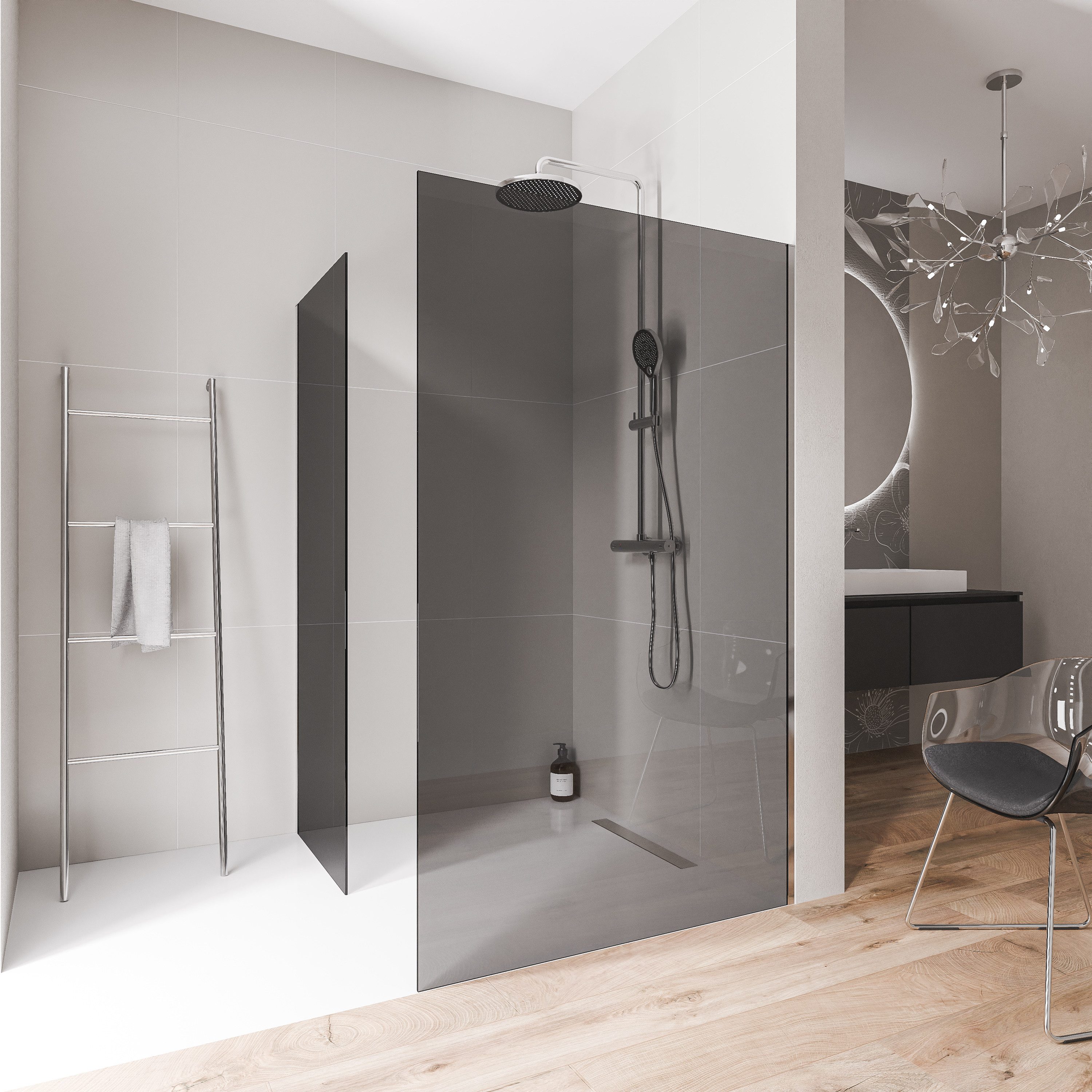 Bernstein Walk-in-Dusche EX102, Einscheibensicherheitsglas (ESG), (2 tlg., Ohne Bodenprofil), Graues Glas, 10 mm, Ohne Bodenprofil, Profil Chrom