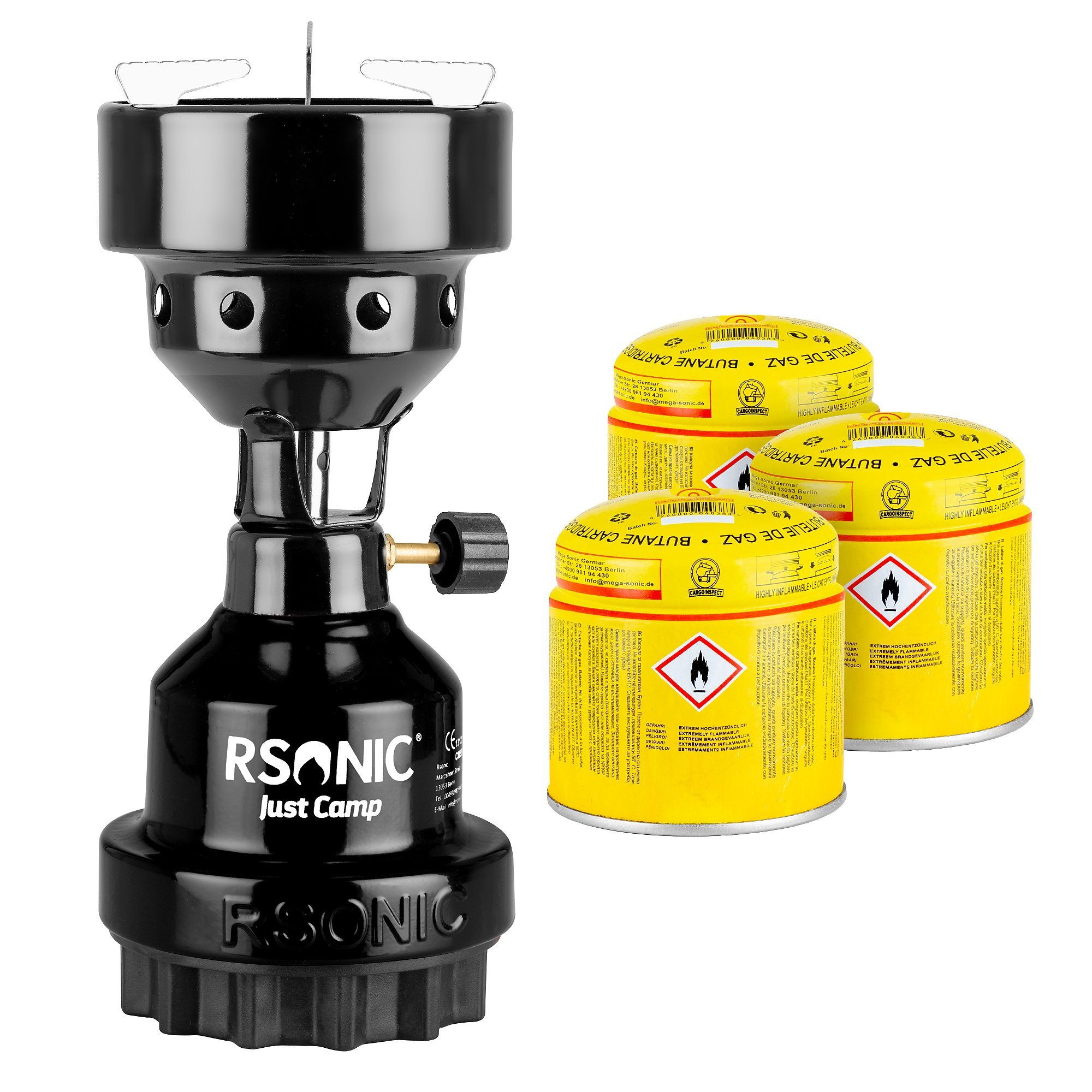 Mianova Camping-Gasgrill 1 flammig Gaskocher + 3 Kartuschen Schwarz Campingkocher Gas Kocher, BBQ Barbecue Tischgrill Notfall Campingherd Stromausfall Notfallkocher Notkocher, Metall Kohleanzünder Outdoor Grill Camping Herd