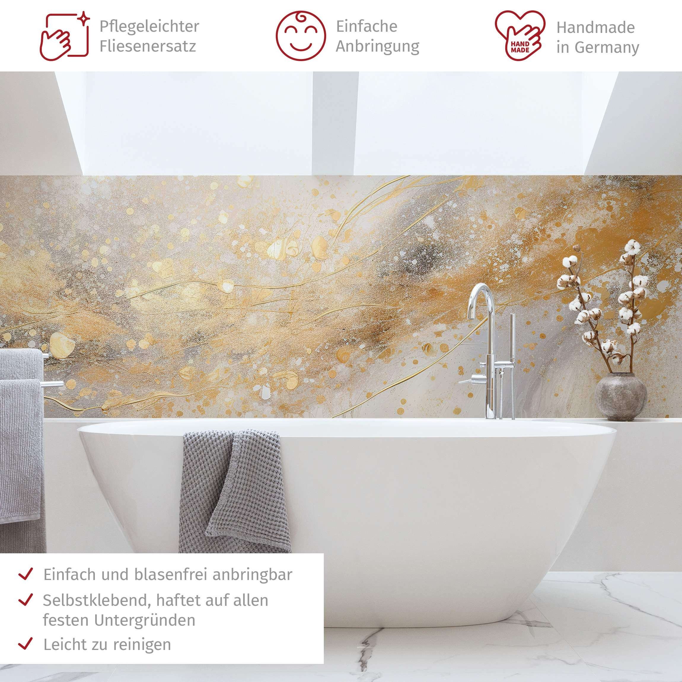 Bilderdepot24 Badrückwand gold fugenlose Wandverkleidung Bad Abstrakt, (Hartfolie matt » Selbstklebend SMART 0,35 mm), wasserfestes Wandpaneel Abstrakter Farbschwung