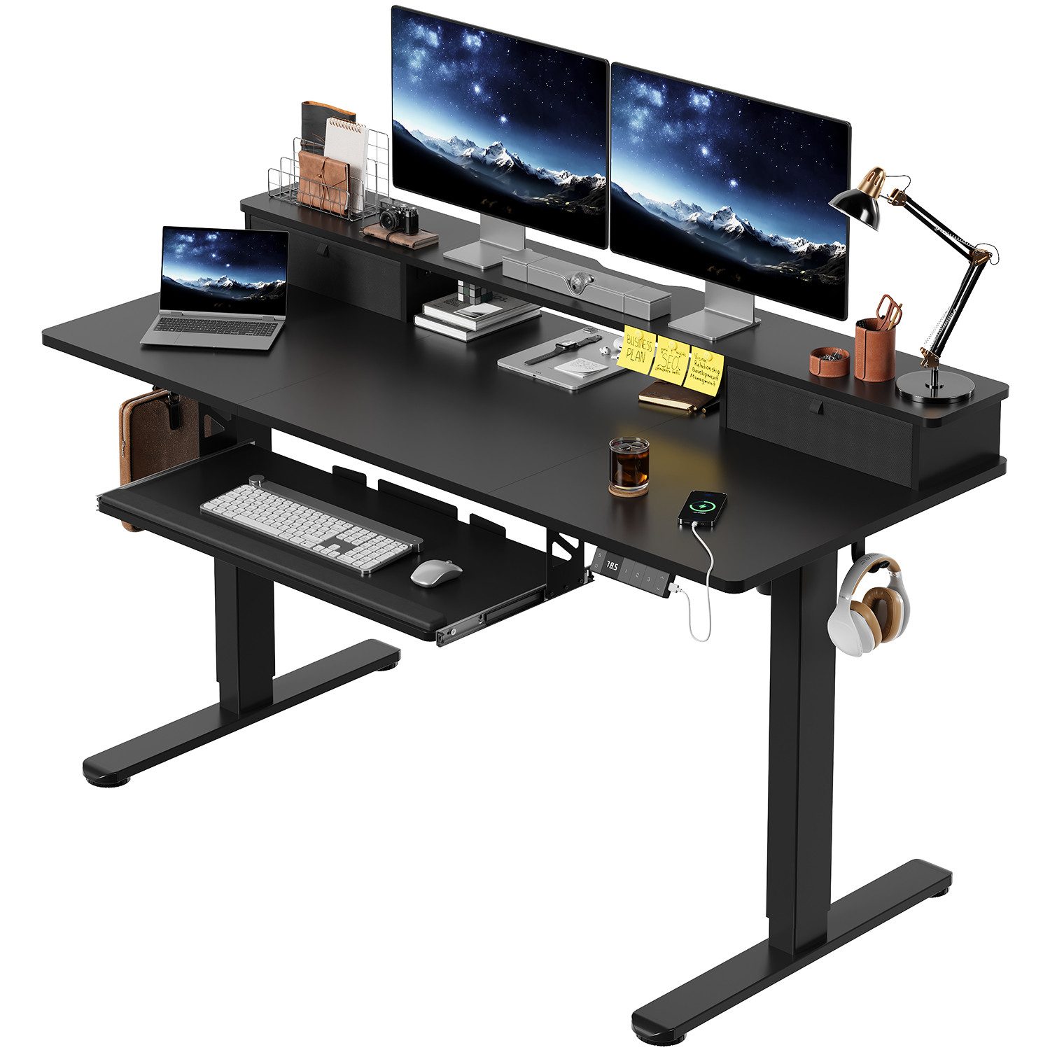 HOMALL Schreibtisch Höhenverstellbarer Schreibtisch mit Schublade, Schülerschreibtisch (140CM Mit 2 Stofbehangen 3 Spaicherpositionen fur die Hohe + Erinerung beilangem Sitzen. 2 Haken, Tastaturablage,maximale Belastbarkait 7o kg,ostern geschenke)