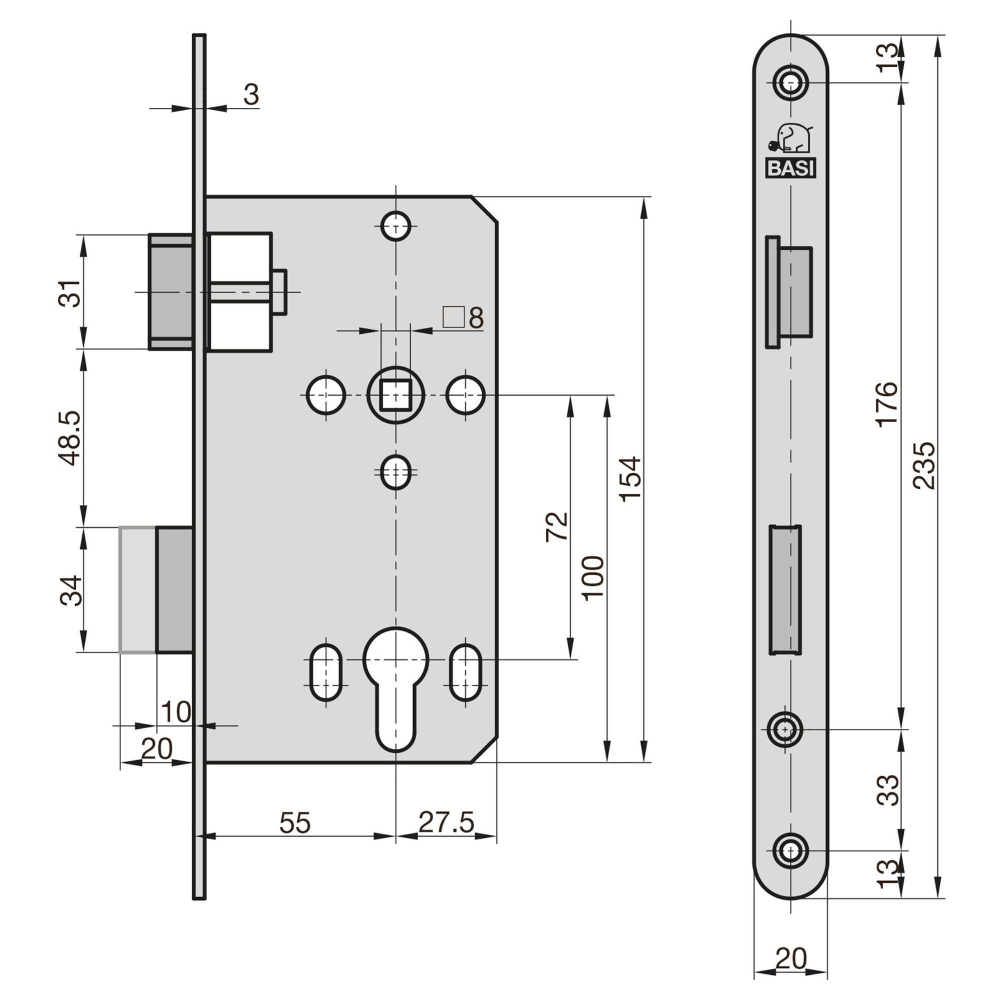 BASI Einsteckschloss Zimmertürschloss mit PZ-Lochung 72/8 mm, Dorn 55mm, Dornmaß 55 mm, Spar-Set, Profilzylinder mit Wechsel, DIN Links, Rundstulp Edelstahl