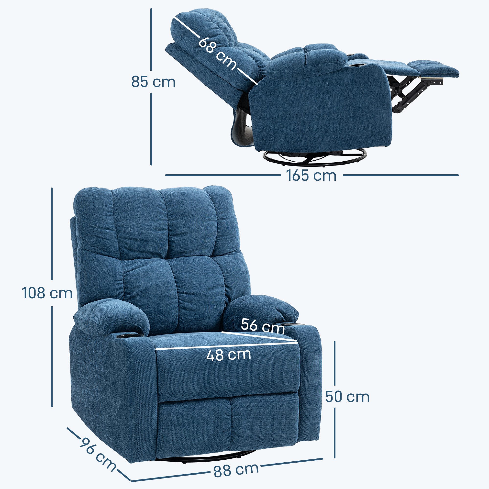 HOMCOM Relaxsessel Fernsehsessel mit Liegefunktion, Schaukelfunktion (Drehbar TV-Sessel mit Fußstütze, 1-St., Taschenfederkern, Becherhalter), für Wohnzimmer, Dunkelblau