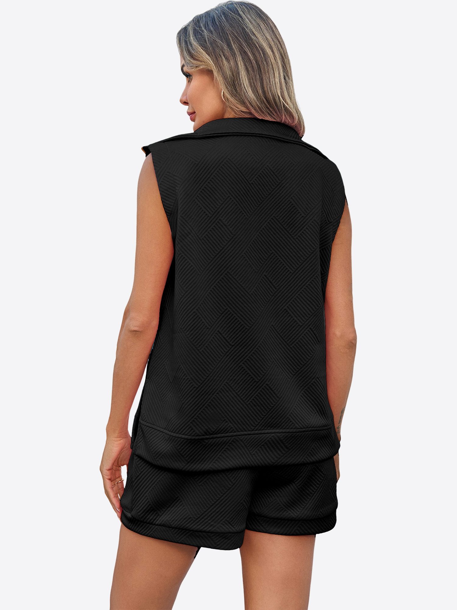 Imily Bela Hausanzug Damen Ärmelloses Top mit Reißverschluss Shorts mit Kordelzug Outfit (Set, 2 tlg., 2er-Pack, Top+Shorts) in Unifarbe
