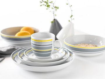 CreaTable Kombiservice Geschirr-Set Trend Line (10-tlg), 2 Personen, Porzellan, Service, mit Bänderdekor in gelb/grau, 10 Teile, für 2 Personen