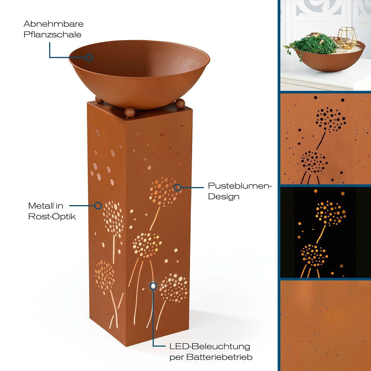 Hoberg Dekosäule Pusteblume, LED Pflanzschale Außen Deko Beleuchtung Rost-Optik 72cm Säule