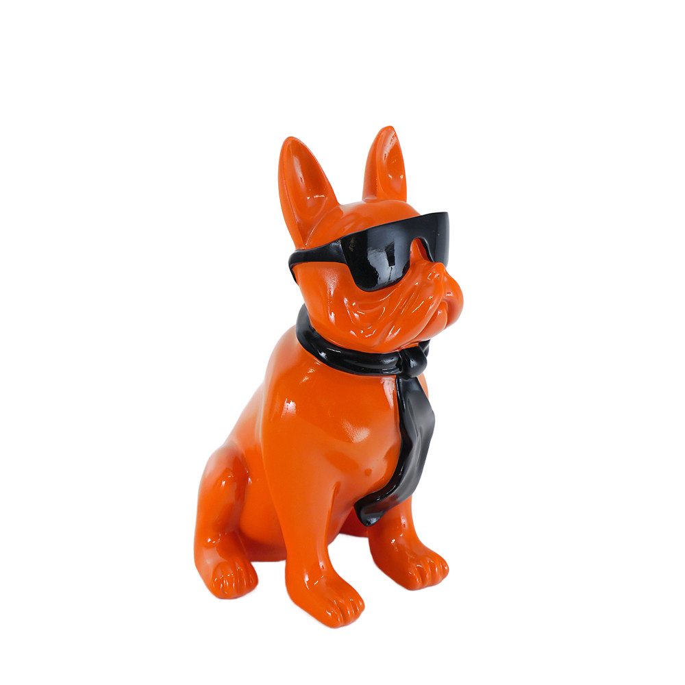 Tierfigur Französische Bulldogge mit Schal und Sonnenbrille in orange