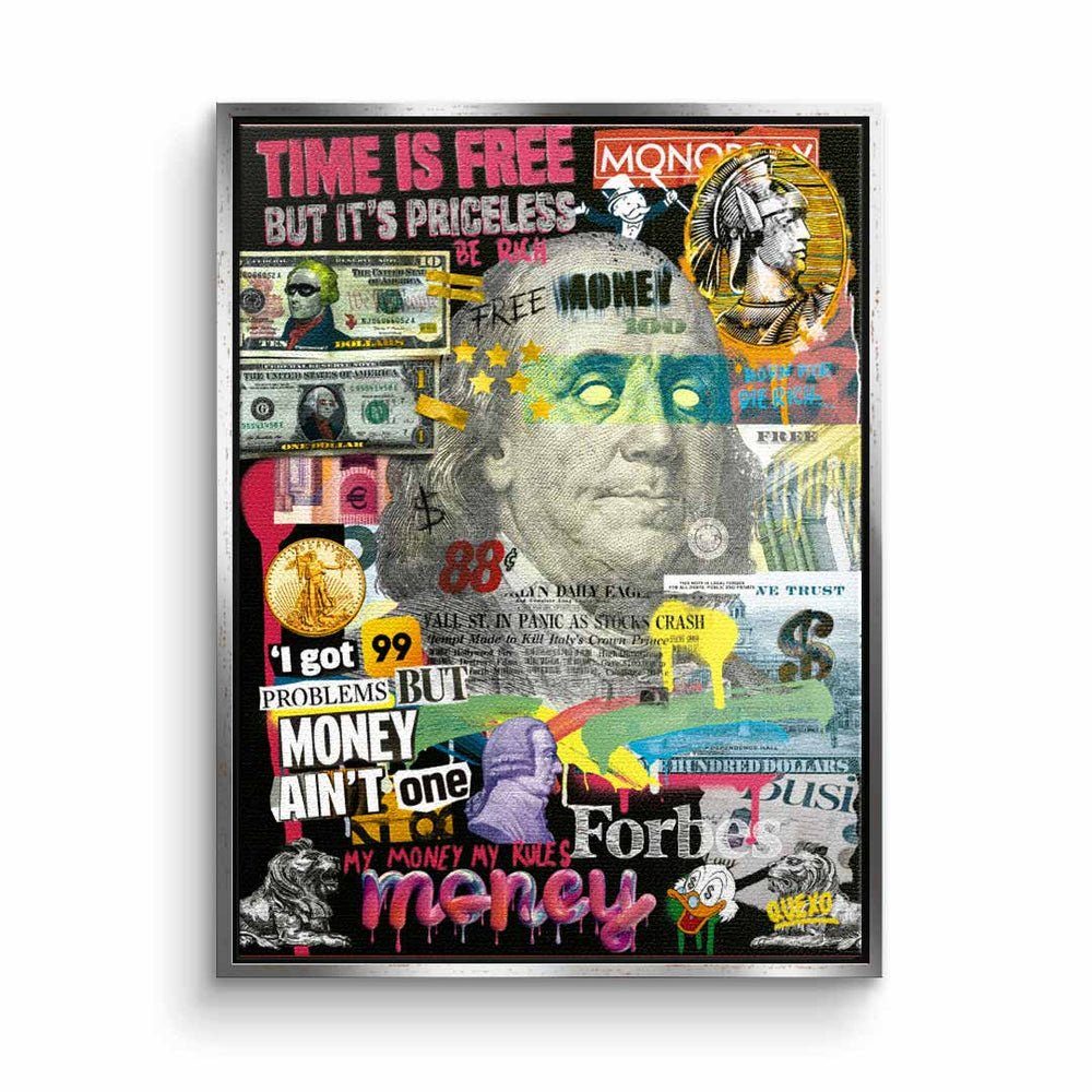 DOTCOMCANVAS® Leinwandbild, Leinwandbild Franklin D. Roosevelt Hustle Collage Geld money silberner Rahmen