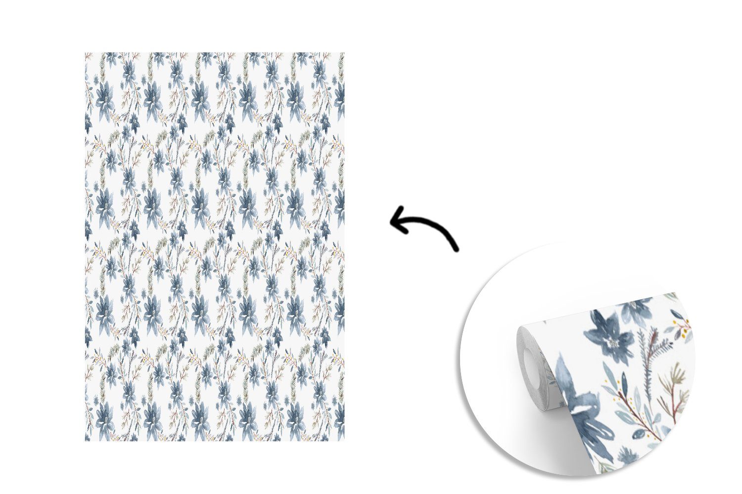 Blau, (3 Wandtapete Muster St), MuchoWow Matt, - bedruckt, für Wohnzimmer, Montagefertig Blumen Vinyl Fototapete - Tapete
