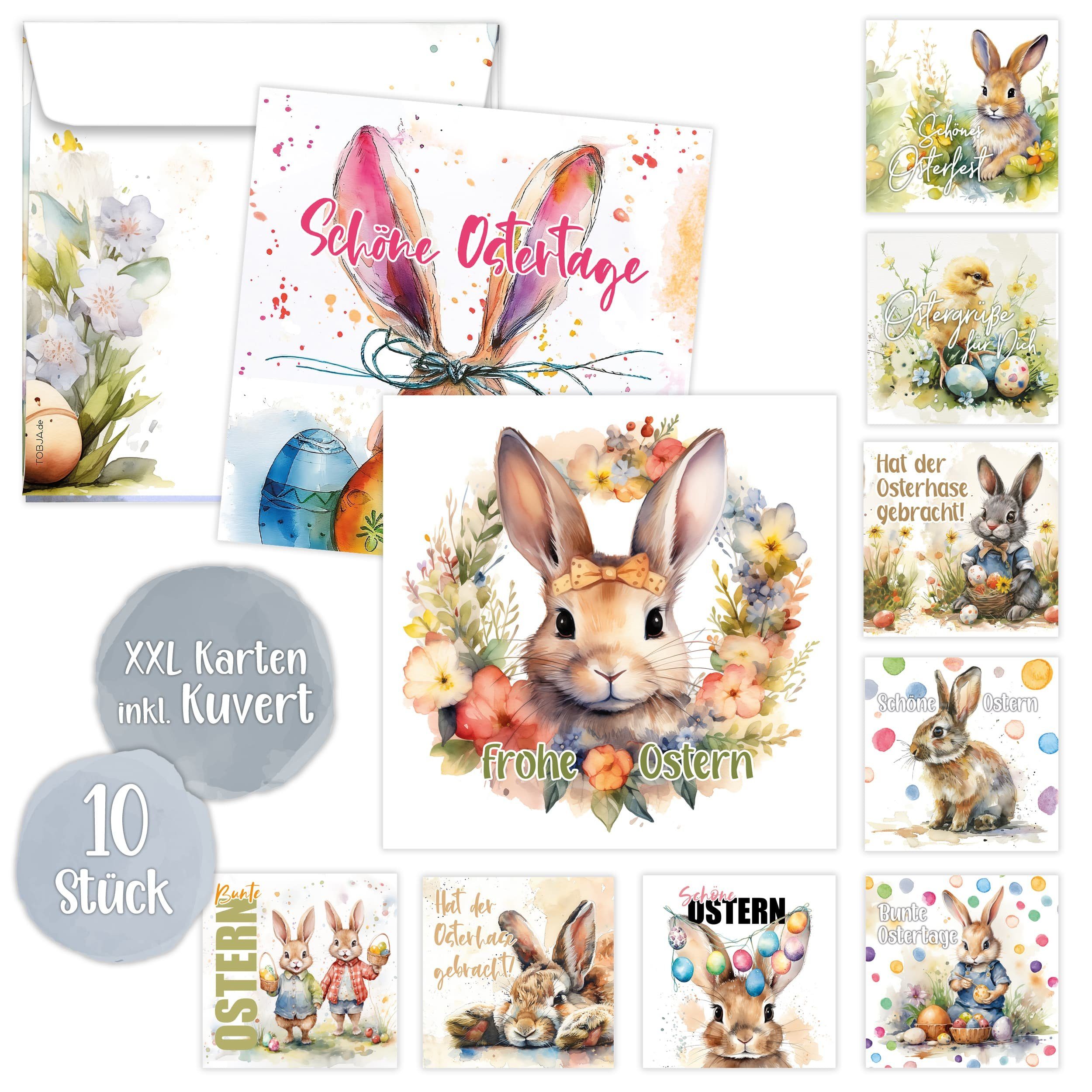TOBJA Osterkarte Osterkarten XXL mit Umschlag 10er Set Ostern Postkarten 15x15cm, 10x Große Osterpostkarten Osterhase Geschenkkarten