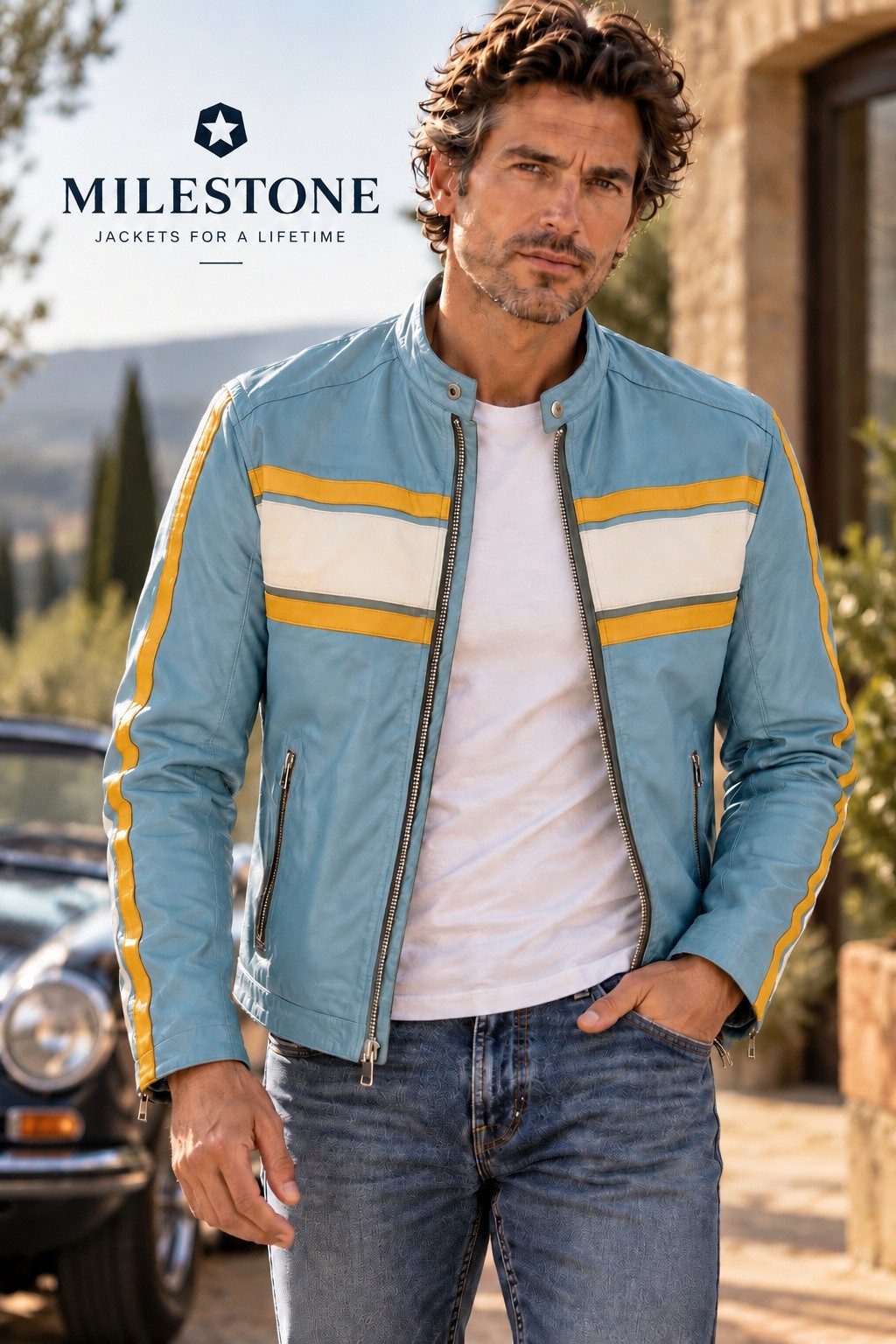 MILESTONE Lederjacke MSLambert Racing Jacke im Retro Design aus Lammleder