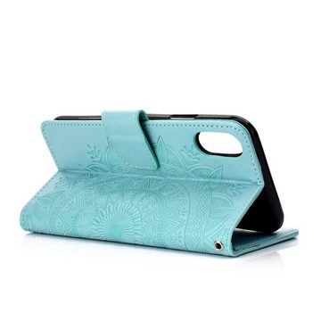 CoverKingz Handyhülle Xiaomi Redmi 9A Handy Hülle Flip Case Cover Handytasche Mandala Grün 16,5 cm (6,5 Zoll), Klapphülle Schutzhülle mit Kartenfach Schutztasche Motiv Mandala