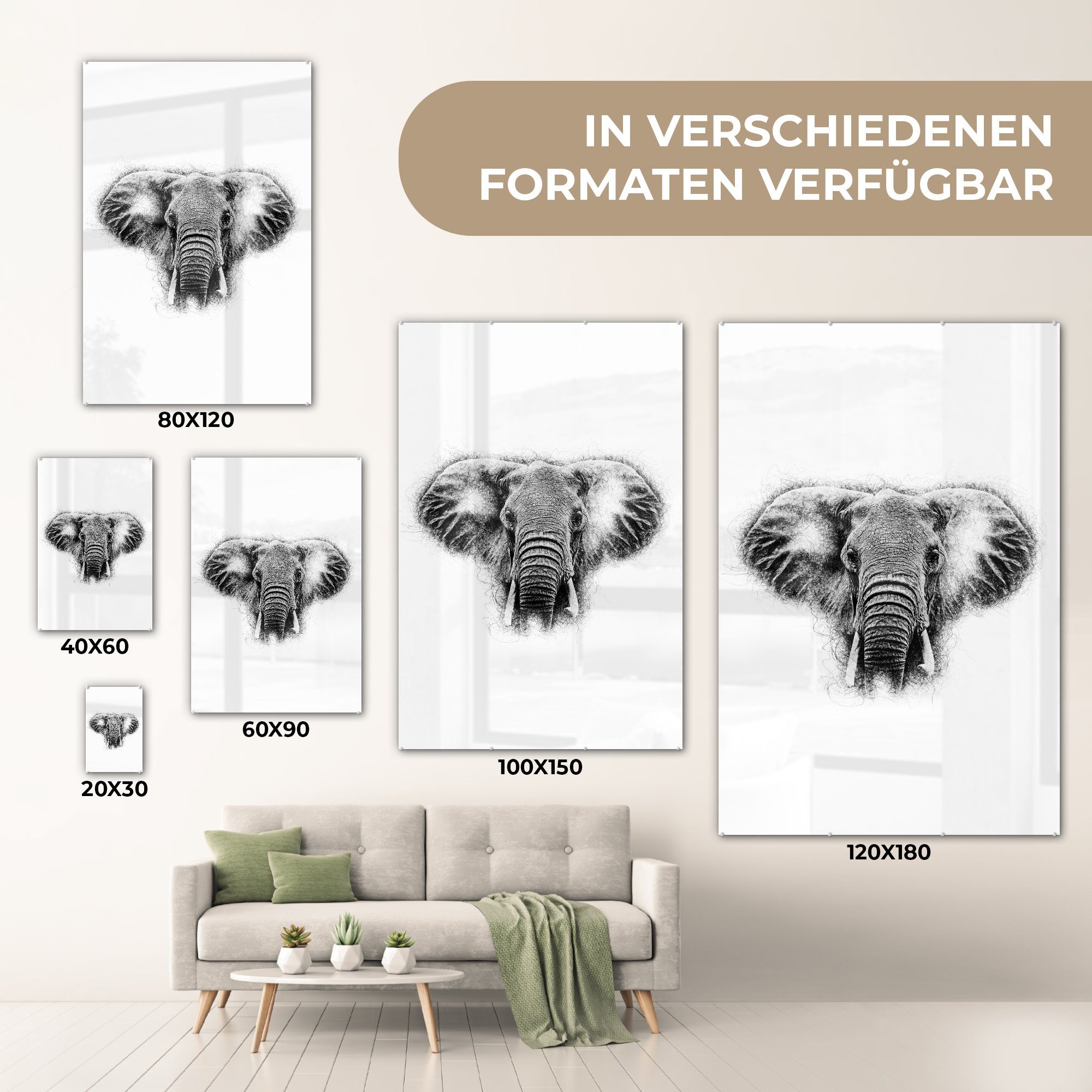 MuchoWow Acrylglasbild Elefant - Schwarz Foto - Wanddekoration Tasse, Bilder Glasbilder auf Wandbild - Weiß - auf - St), Glas Glas bunt - (1