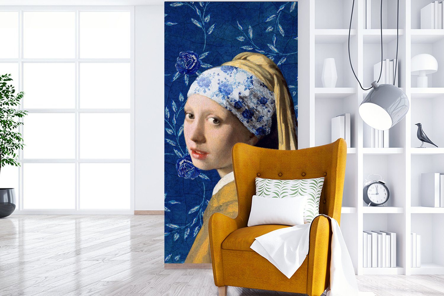 Blumen für Delfter Vermeer Mädchen mit Perlenohrring bedruckt, - Fototapete - Küche, Porzellan (2 Matt, St), Wohnzimmer -, Schlafzimmer MuchoWow - Vliestapete Fototapete