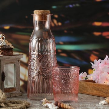 MARELIDA Karaffe Glaskaraffe Vintage Boho Blumenmuster Tee Saft Wasser Kanne 1l rosa
