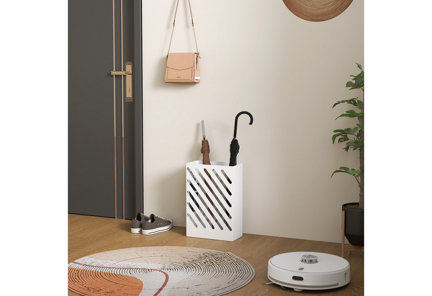 HOMCOM Schirmständer Regenschirmständer Schirmständer mit 4 Haken Wasserauffangschale (Regenschirmhalter für Gehstöcke, Regenschirme, 1 St., Stahl), 28 x 14 x 41 cm, Weiß