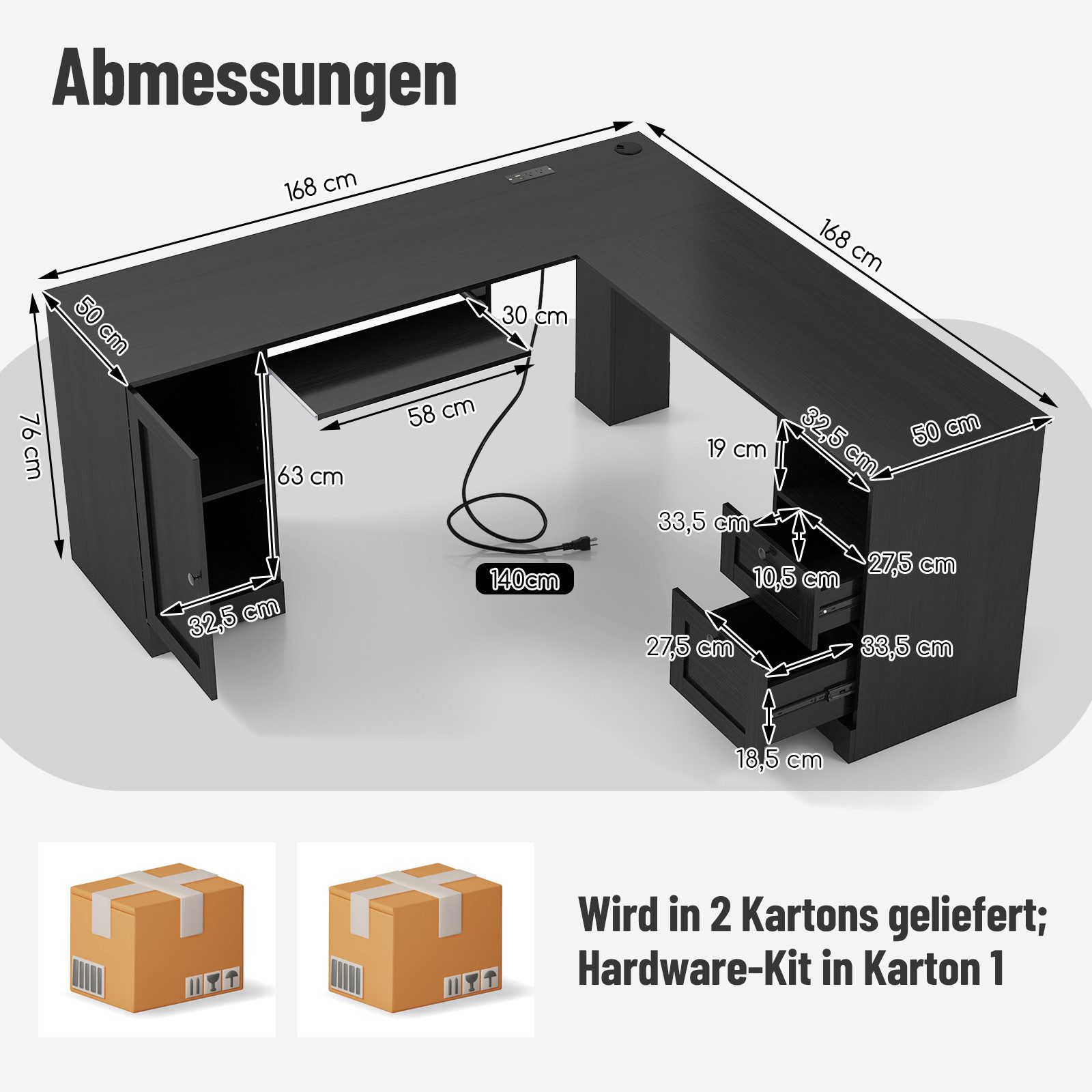COSTWAY Eckschreibtisch, Computertisch mit Ladestation, Schrank, 2 Schubladen