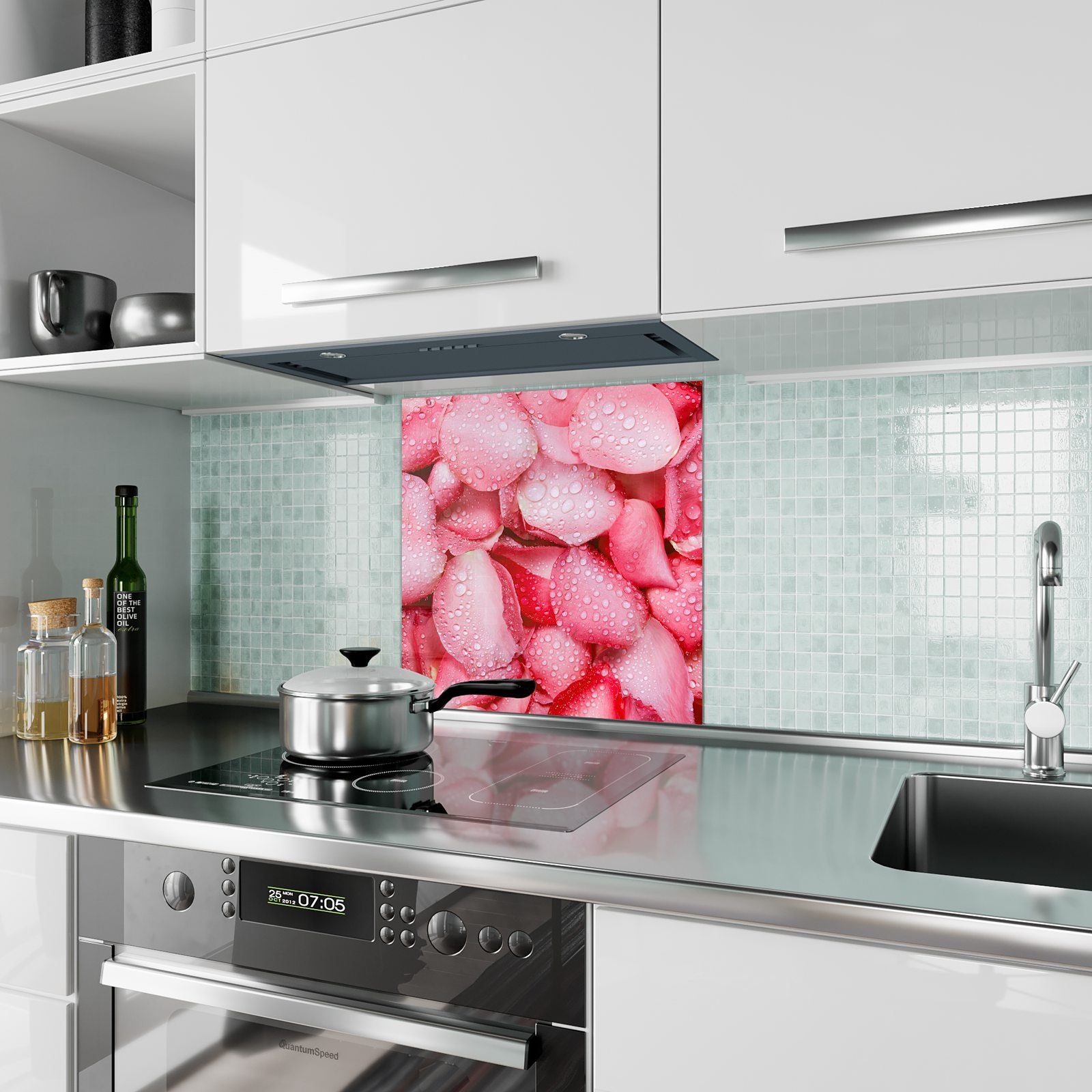 Primedeco Küchenrückwand Küchenrückwand mit Motiv Tropfen Rosenblätter Glas mit Spritzschutz