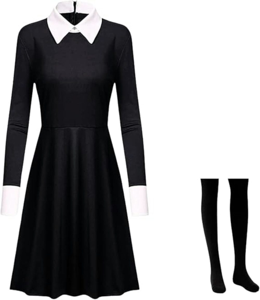 UE Stock Kostüm Mädchen Gothic Halloween Wednesday Addams Kleid Strumpfhose Gr.150, für eine stilvolle Party